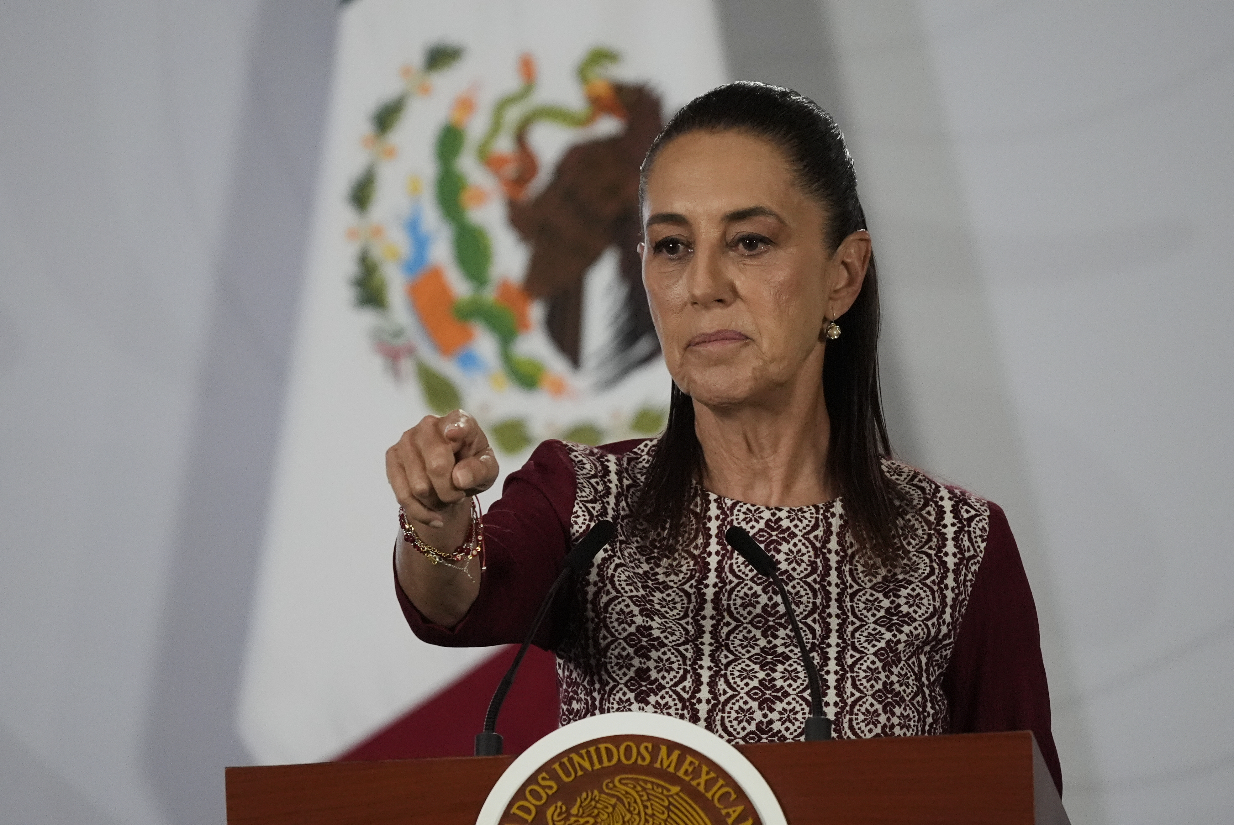 Mexican President Claudia Sheinbaum gives her morning press conference at the National Palace in Mexico City in Mexico City, Monday, June 22, 2026. (AP Photo/Marco Ugarte)
