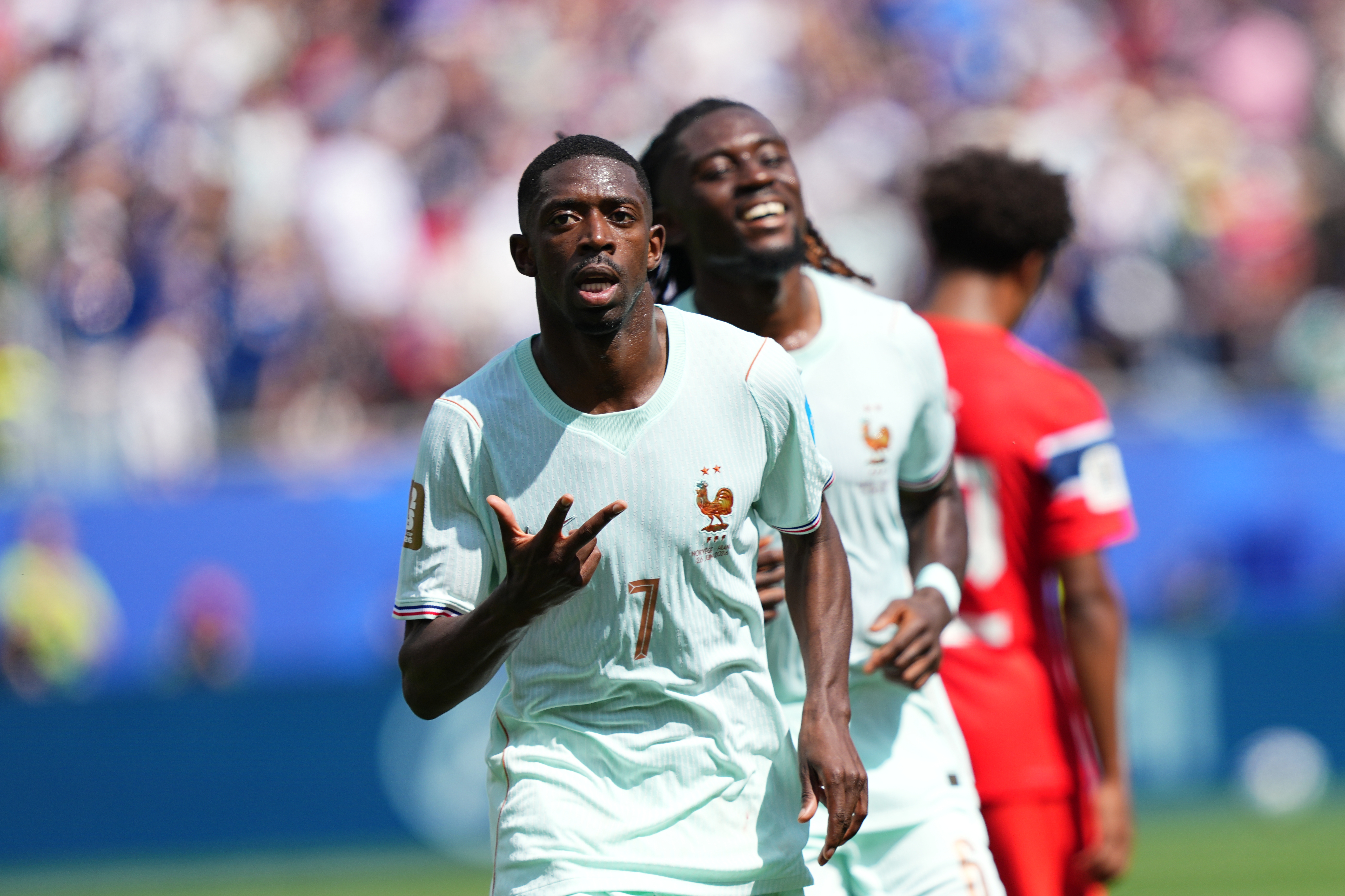 France's Ousmane Dembele celebrates after scoring his side's third goal during the World Cup Group I soccer match between Norway and France in Foxborough, Mass., near Boston, Friday, June 26, 2026. (AP Photo/Martin Meissner)
