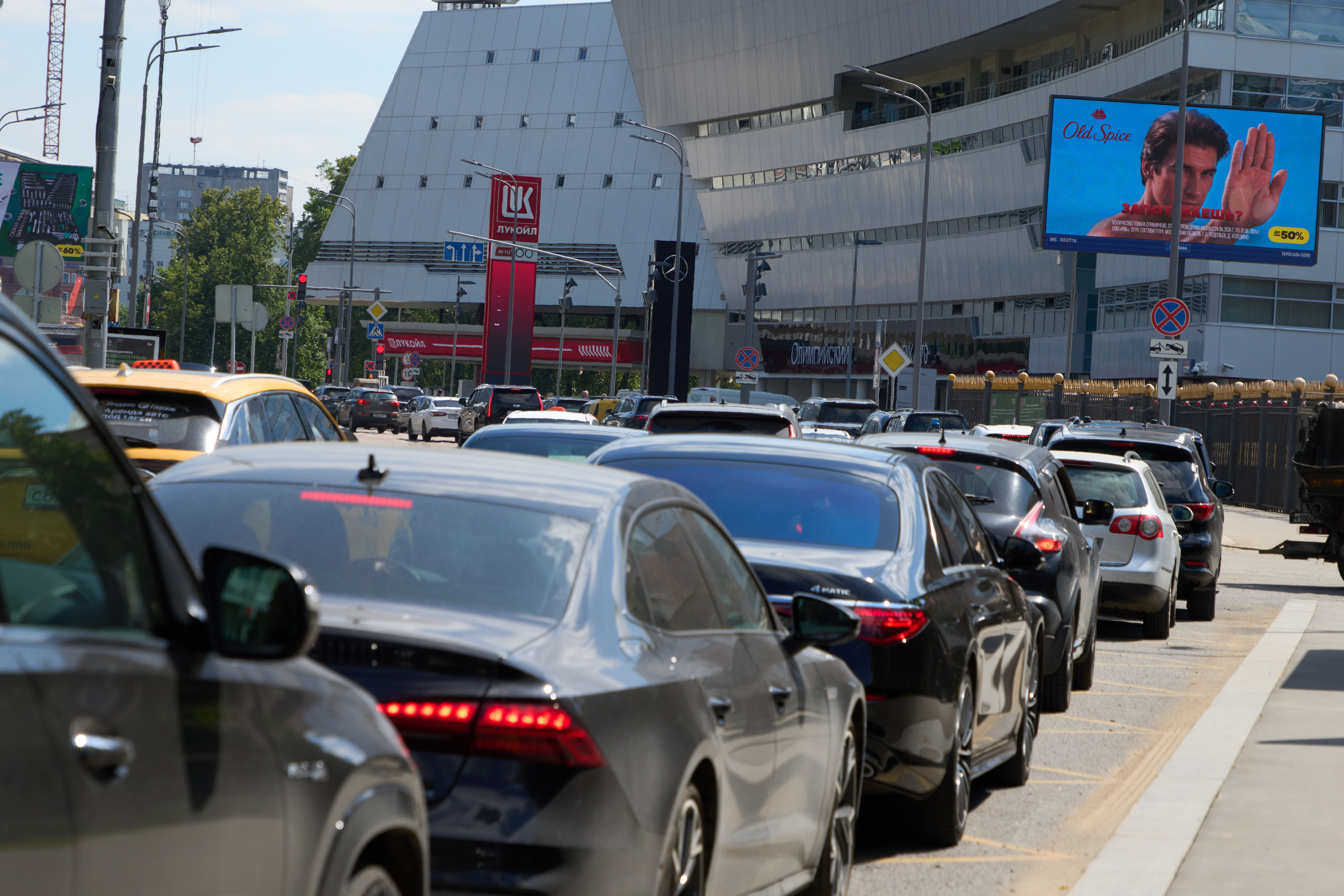 Cars line up at a Lukoil gas station in Moscow, Russia, Tuesday, June 30, 2026. (AP Photo/Alexander Zemlianichenko)