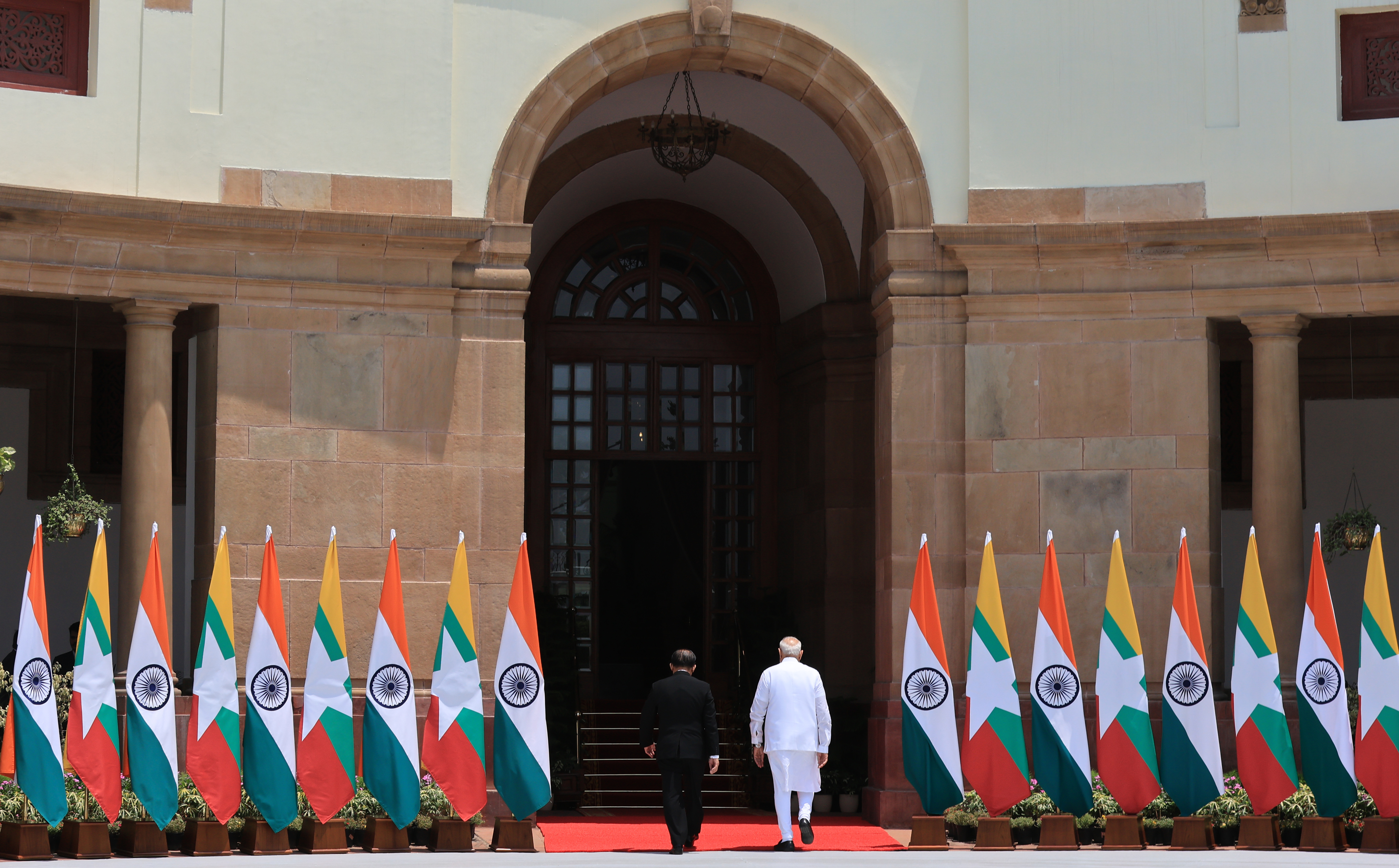 epa13008316 Indian Prime Minister of India Narendra Modi (R) with Myanmar President Min Aung Hlaing (L) prior to their meeting at Hyderabad House in New Delhi, India, 01 June 2026. Myanmar's President Min Aung Hlaing is on a five-day state visit to India. EPA/RAJAT GUPTA