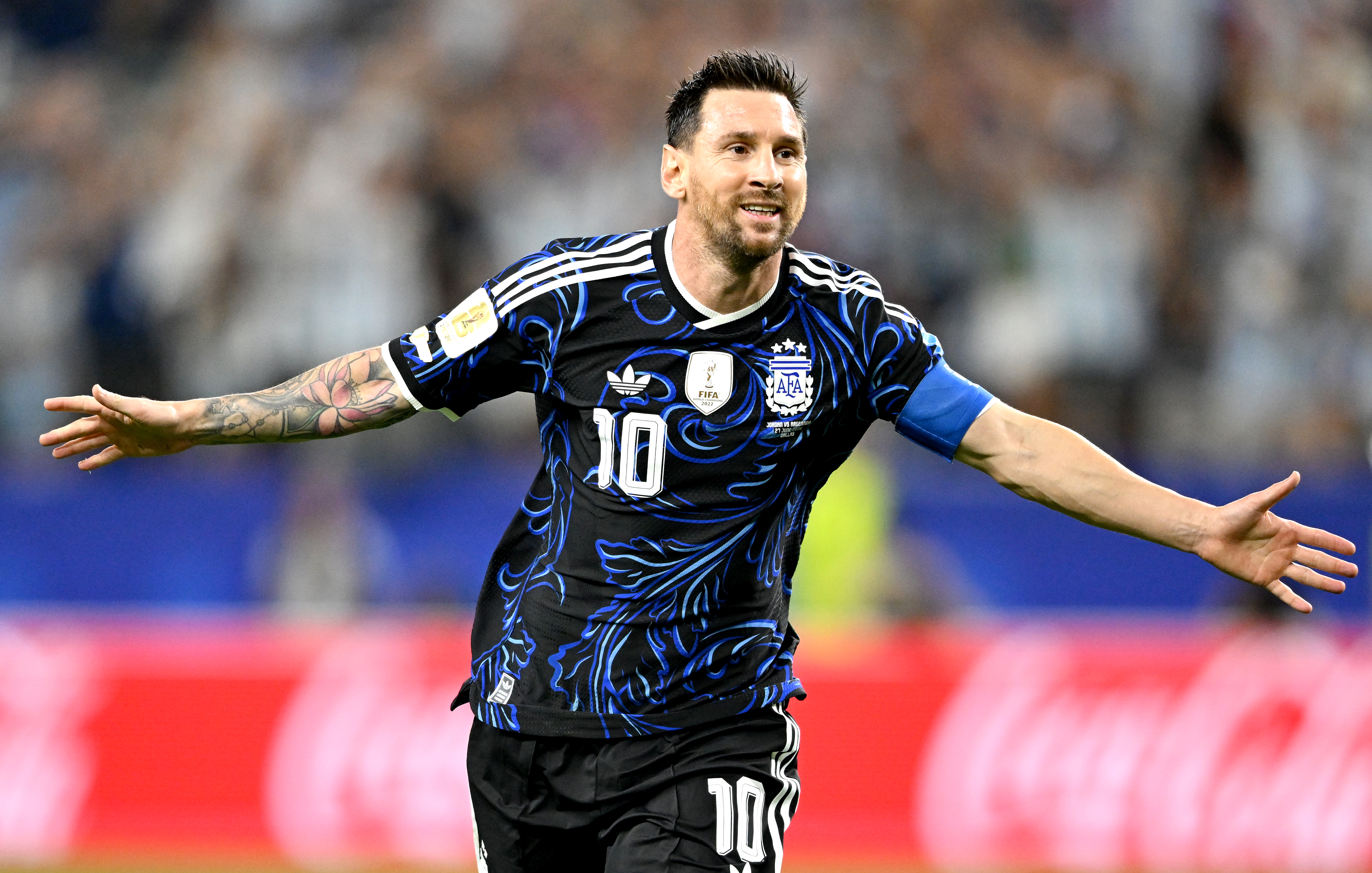 epa13070144 Lionel Messi of Argentina celebrates after scoring his team's third goal during the FIFA World Cup 2026 group stage match Jordan against Argentina, in Dallas, USA, 27 June 2026. EPA/ALBERT PENA