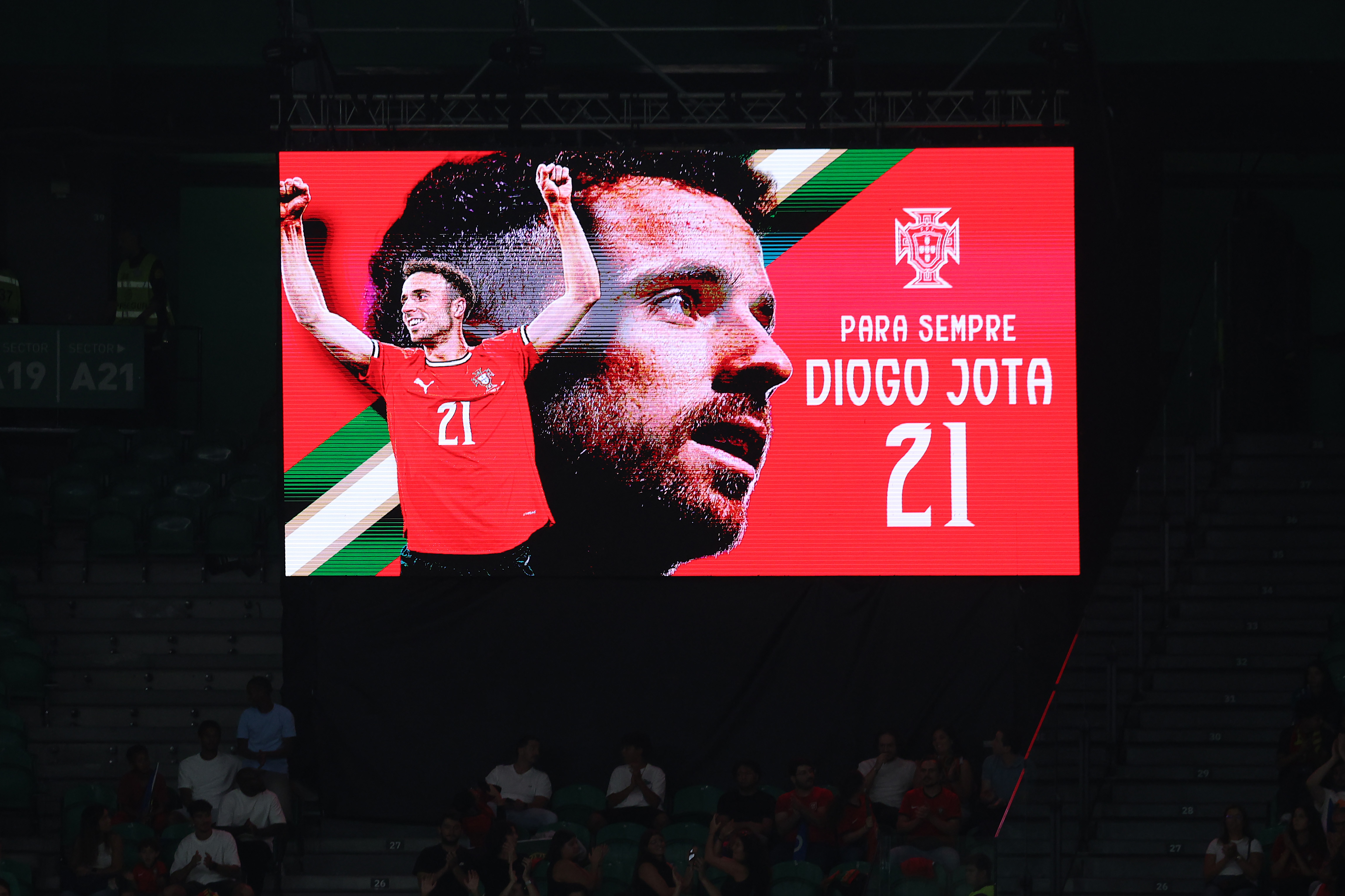 LISBON, PORTUGAL - OCTOBER 11: A screen displays a tribute to Diogo Jota during the FIFA World Cup 2026 qualifier match between Portugal and Republic of Ireland at Estadio Jose Alvalade on October 11, 2025 in Lisbon, Portugal. (Photo by Carlos Rodrigues/Getty Images)