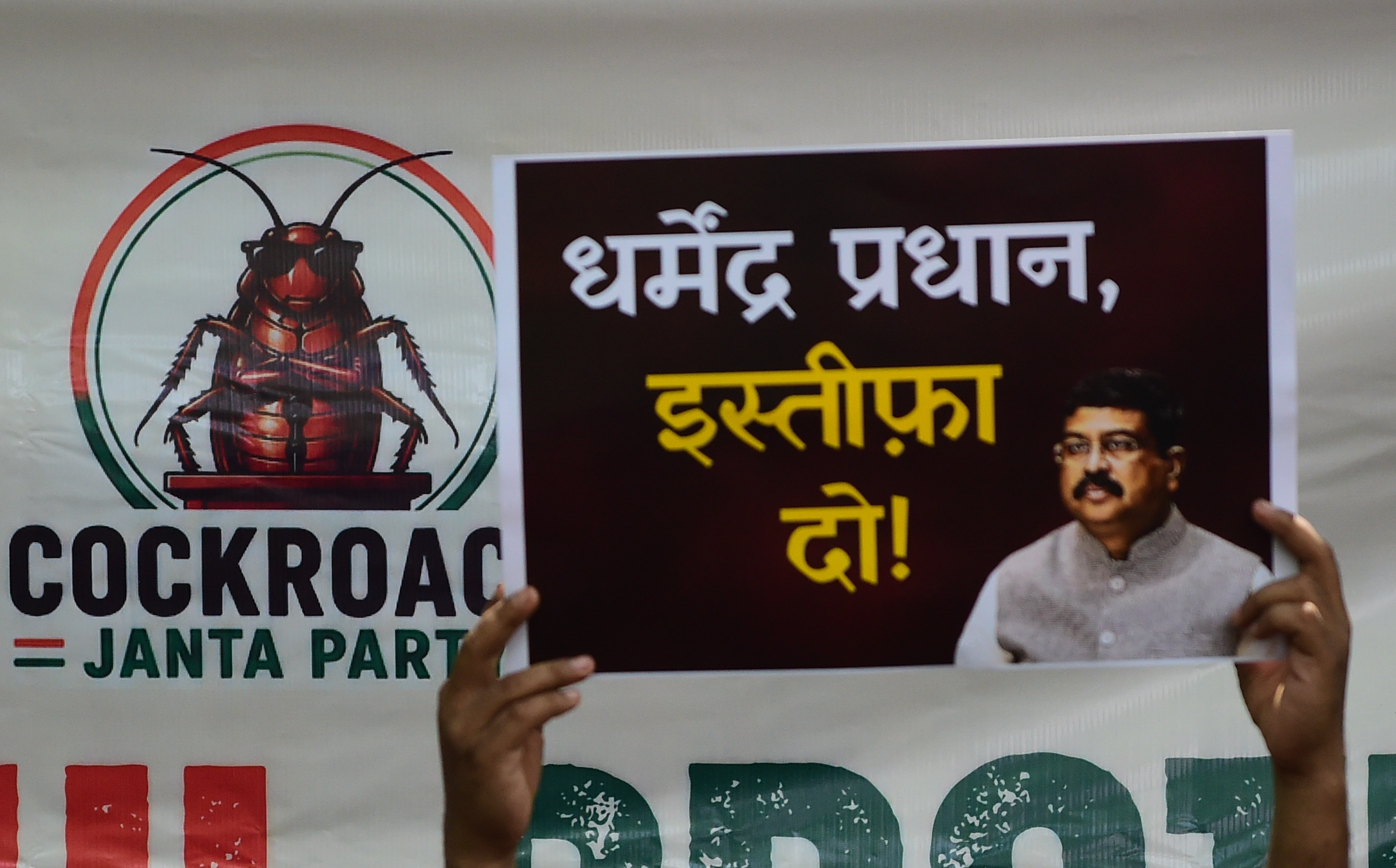 NEW DELHI, INDIA - JUNE 06: A supporter of the Cockroach Janta Party (CJP) holds placards featuring the group's logo and calling for the resignation of the Education Minister during a protest against alleged examination paper leaks on June 06, 2026 in New Delhi, India. The Cockroach Janta Party (CJP) is a viral, Gen Z-led parody movement founded by political communications strategist Abhijeet Dipke, which uses a cockroach as its mascot to mock political dysfunction. (Photo by Ritesh Shukla/Getty Images)