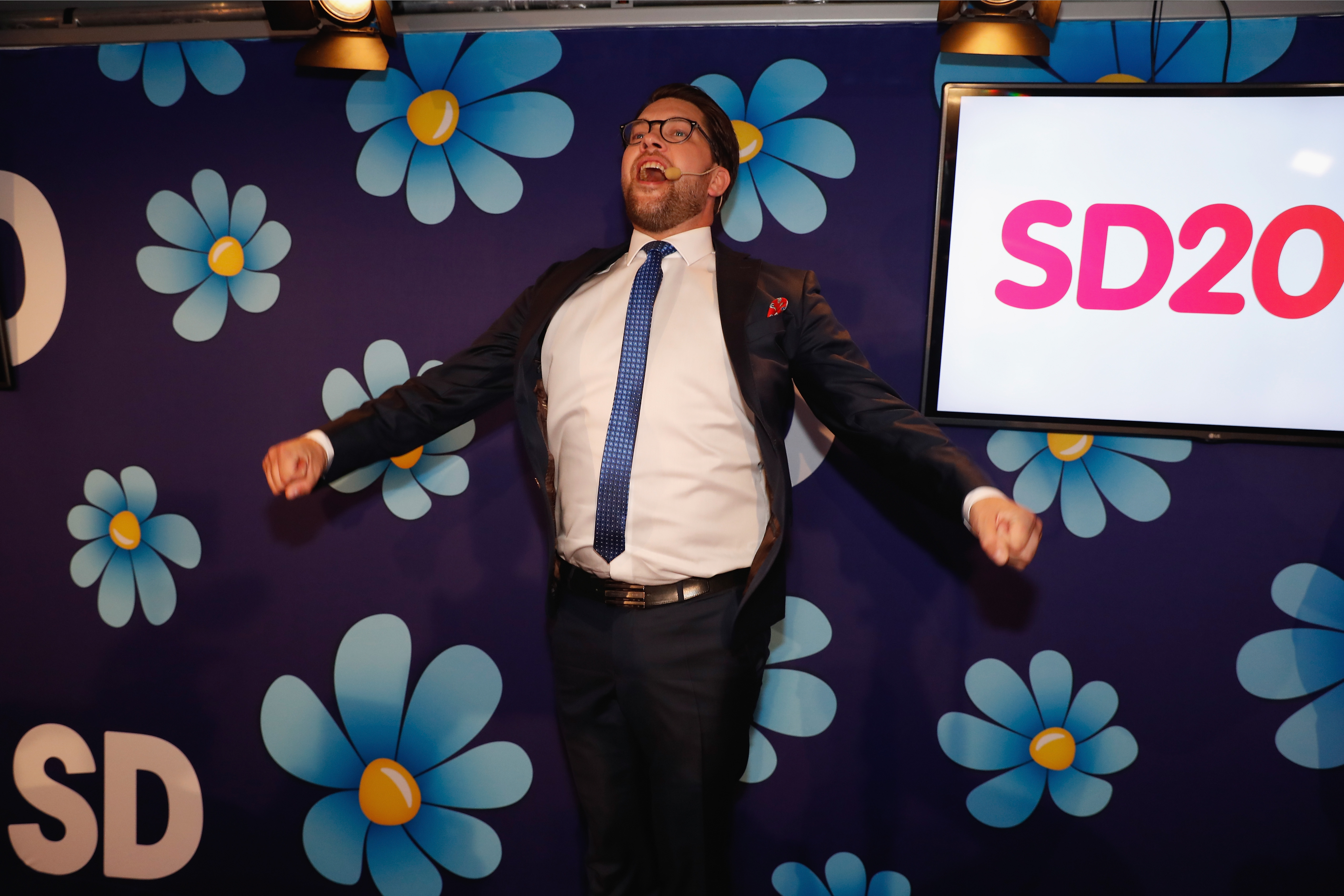STOCKHOLM, SWEDEN - SEPTEMBER 09: Leader of the far-right Sweden Democrats Jimmie Akesson speaks to members and supporters at the party election center on September 9, 2018 in Stockholm, Sweden. Swedes have headed to the polls in a tightly contested general election where immigration has been a central issue of a heated campaign and which could see the far-right Sweden Democrats make significant gains. (Photo by Michael Campanella/Getty Images)