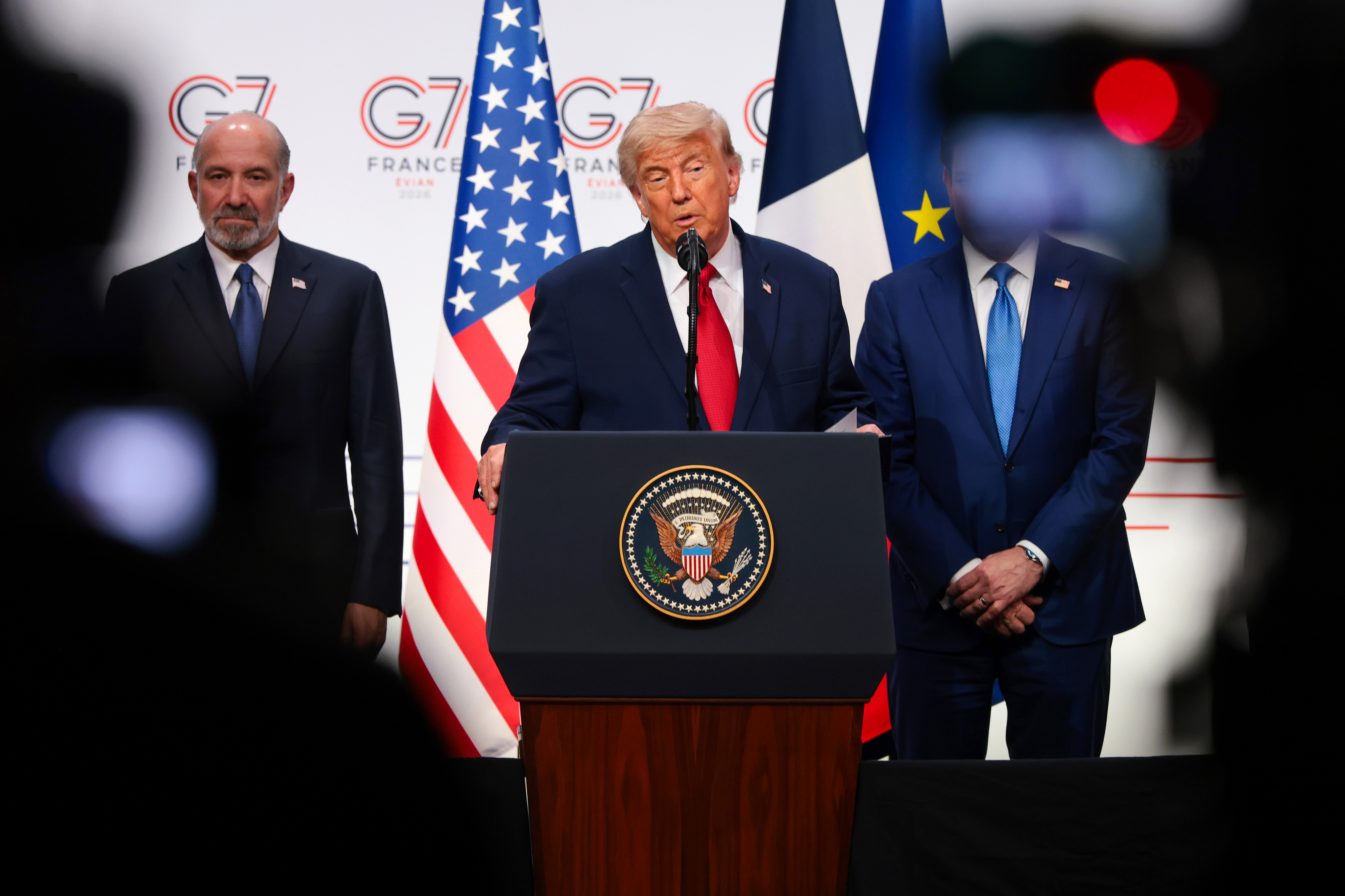 EVIAN-LES-BAINS, FRANCE - JUNE 17: U.S. President Donald Trump speaks at a press conference during the G7 Leaders' Summit on June 17, 2026 in Evian-les-Bains, France. Leaders from the Group of 7 (G7) countries convened in Evian, France, near the Swiss border, for their annual summit to discuss challenges to peace and security for Ukraine and Europe, the situation in the Middle East, and other geopolitical issues. (Photo by Anna Moneymaker/Getty Images)