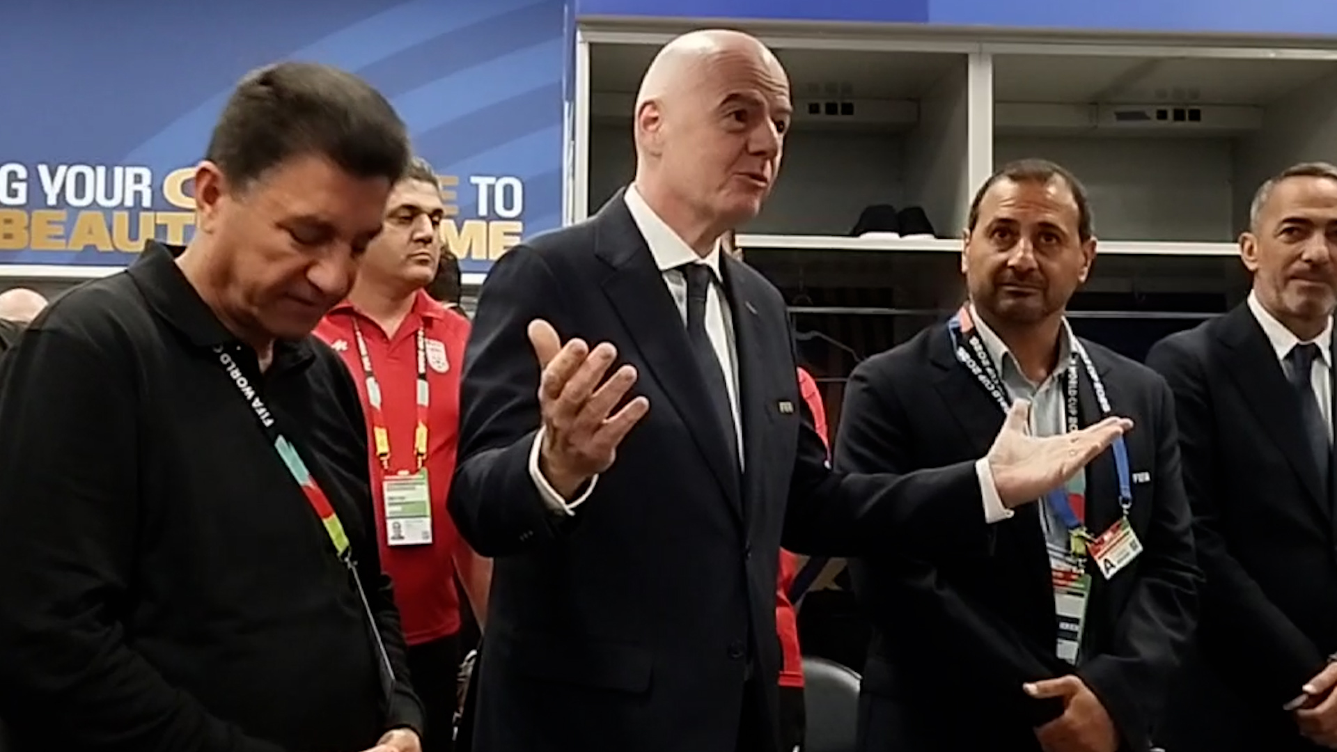 Screenshot from a video showing FIFA President Gianni Infantino addressing Iran's World Cup team following a 2-2 draw with New Zealand on June 15, 2026 in Los Angeles, California, US. [@ffirimedia/Telegram]