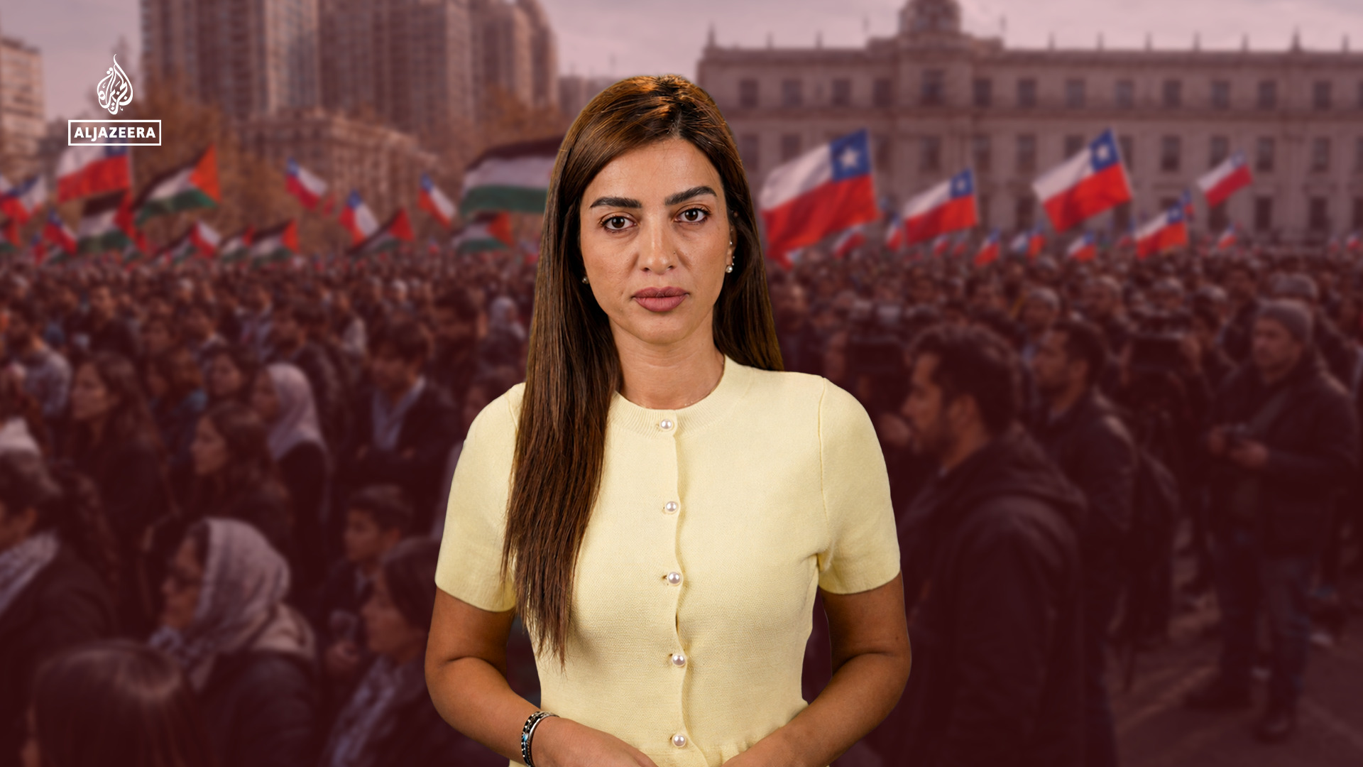 Reem Takieddine standing in front of Chilean flags.