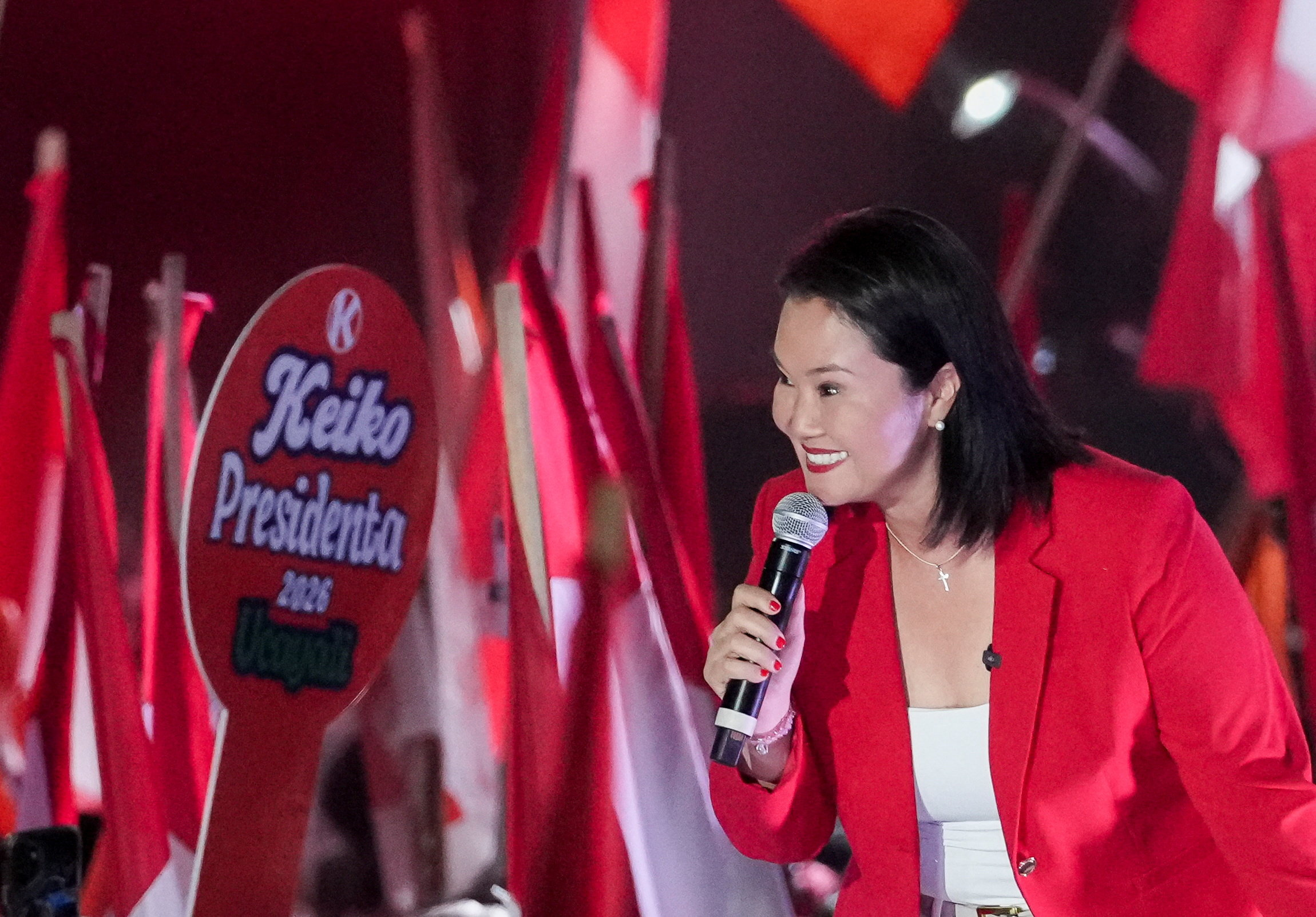 Peruvian presidential candidate Keiko Fujimori addresses supporters during her closing campaign ahead of the June 7 runoff election against Roberto Sanchez, in Lima, Peru, June 4, 2026. REUTERS/Angela Ponce