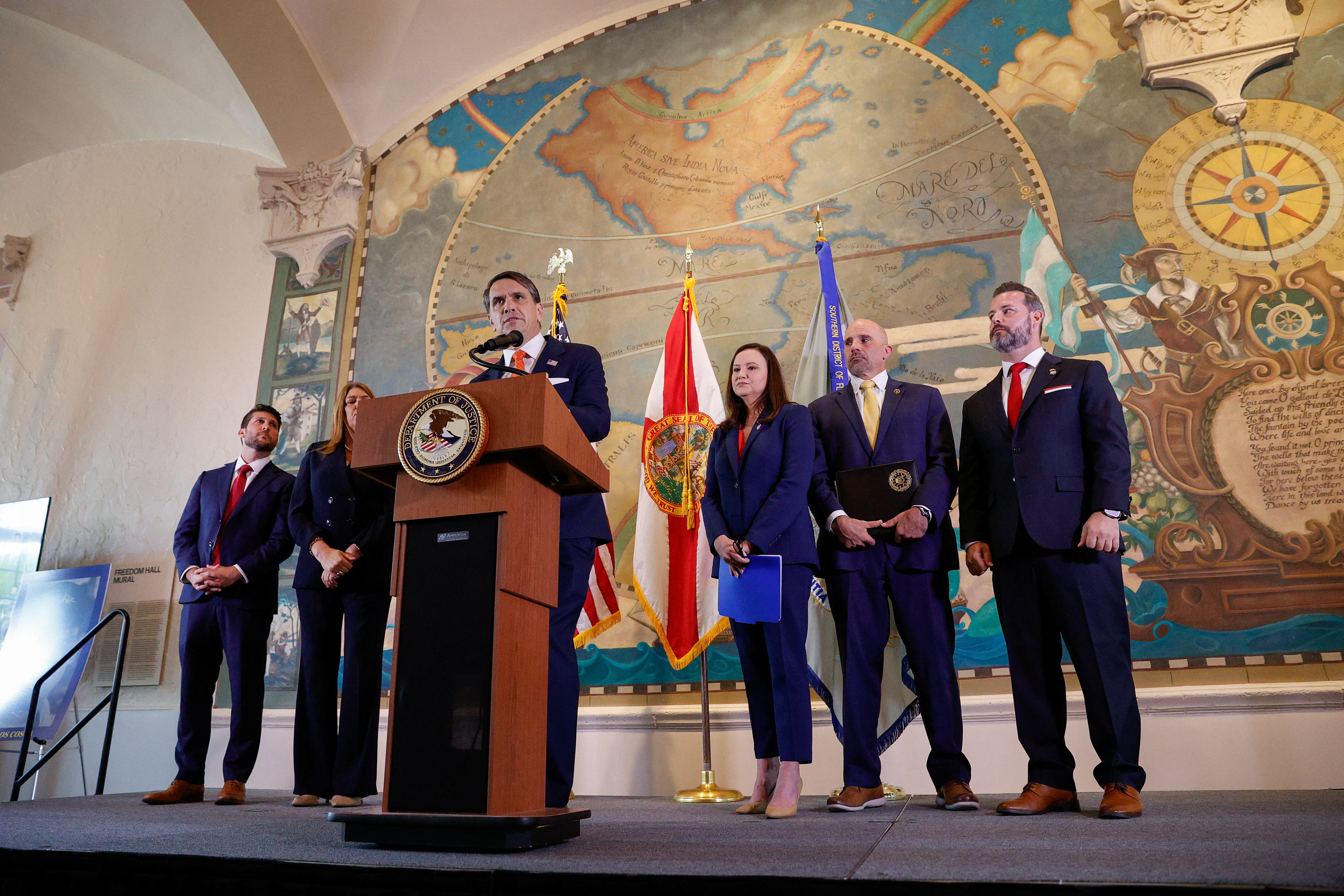 Acting U.S. Attorney General Todd Blanche speaks, while with U.S. Attorney for the Southern District of Florida Jason A. Reding Quinones, President of Miami Dade College Madeline Pumariega, Co-Deputy Director of the FBI Christopher Gilbert Raia, U.S. Senator Ashley Moody (R-FL) and Florida Attorney General James Uthmeier, as the U.S. Department of Justice announces criminal charges against former Cuban President Raul Castro, during a ceremony to honor the victims of the 1996 shootdown of Brothers to the Rescue aircraft incident, at Freedom Tower in Miami, Florida, U.S., May 20, 2026. REUTERS/Marco Bello