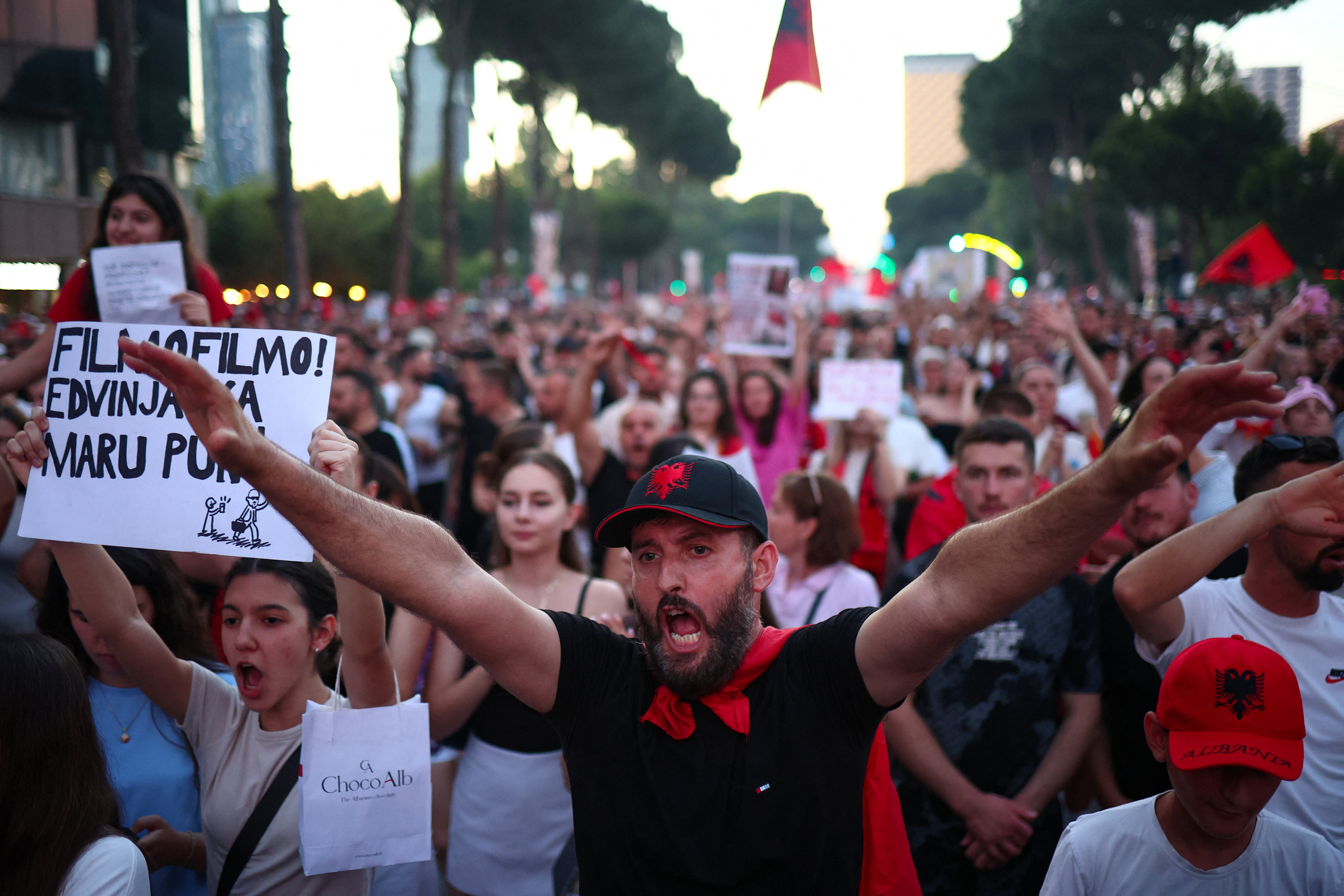People take part in a protest against a luxury resort, a plan by a company linked to U.S. President Donald Trump's son-in-law, Jared Kushner, on an environmentally sensitive part of the Adriatic coast, in Tirana, Albania, June 10, 2026. REUTERS/Florion Goga