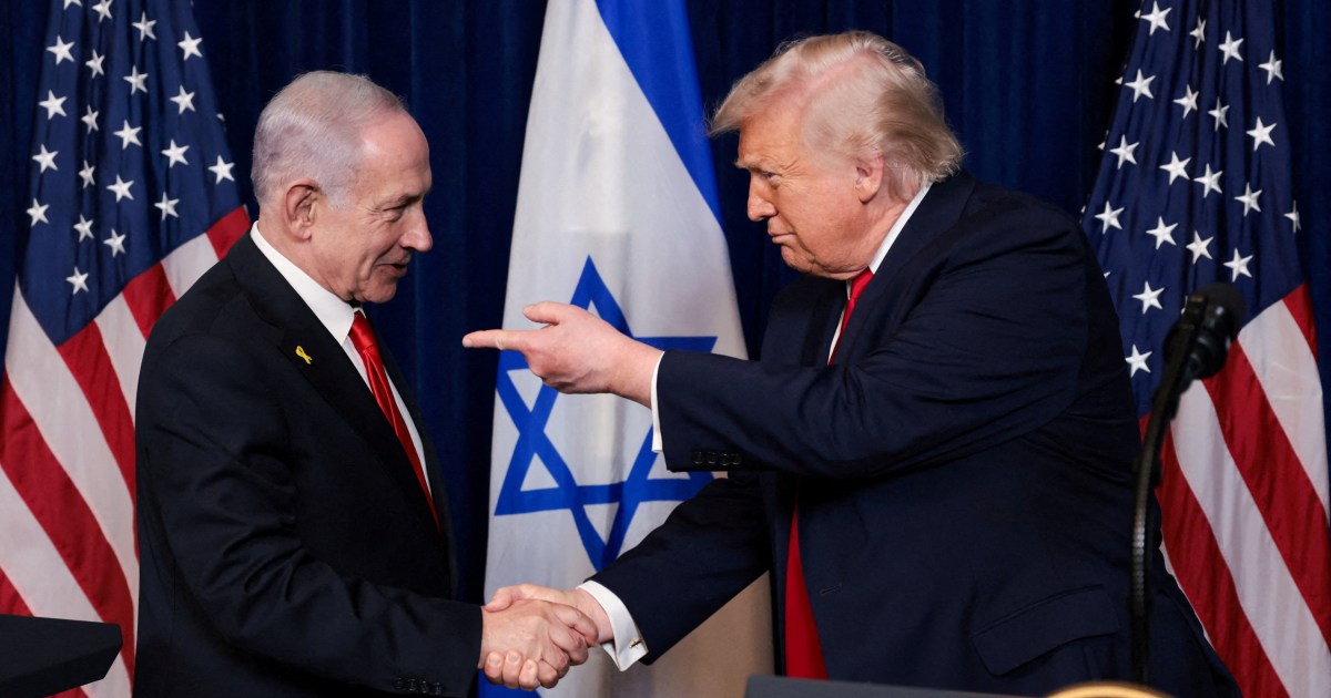 US President Donald Trump, right, holds a news conference with Israeli Prime Minister Benjamin Netanyahu during Netanyahu's visit to Trump’s Mar-a-Lago club in Palm Beach, Florida [File: Jonathan Ernst/Reuters]