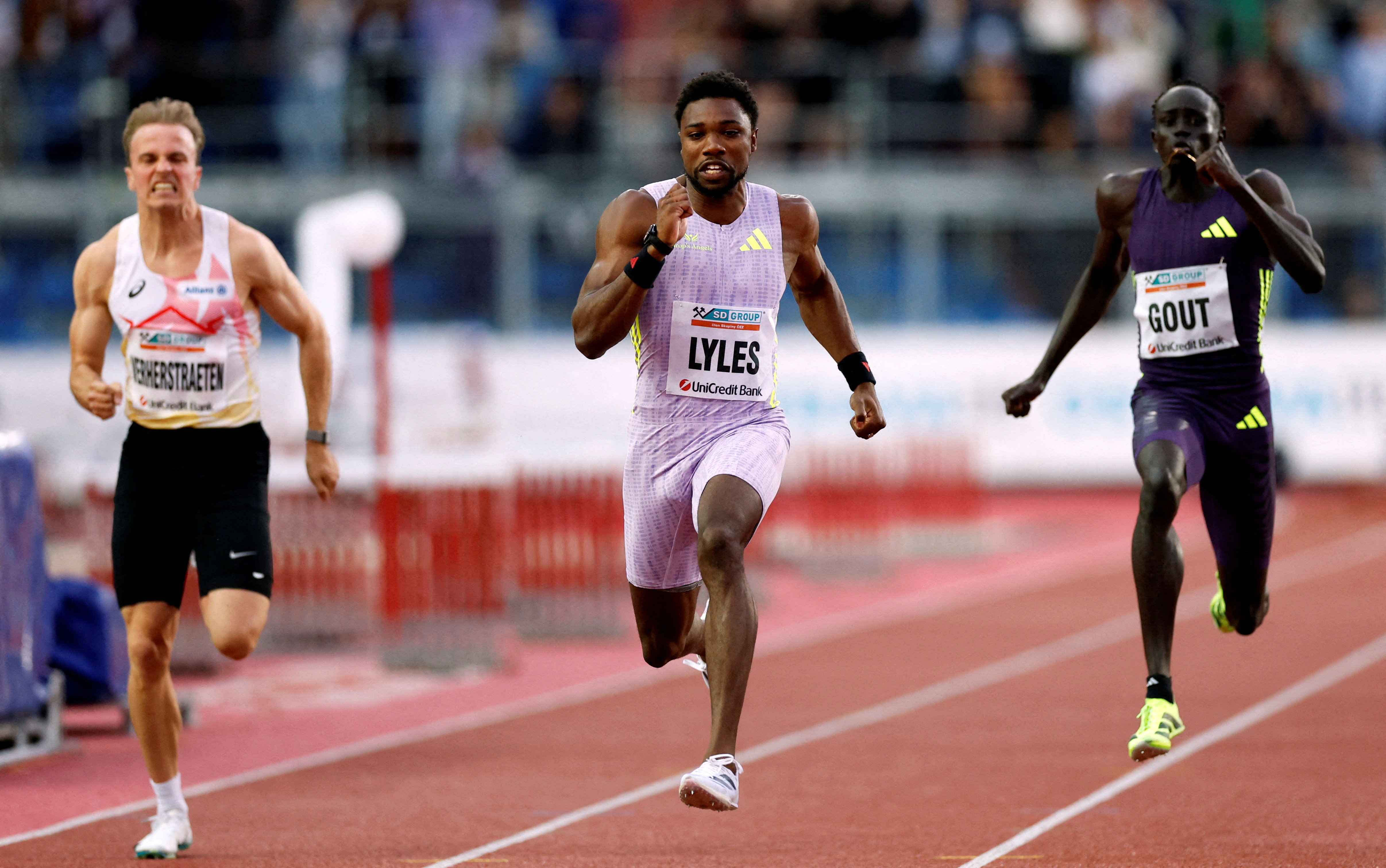 Athletics - Ostrava Golden Spike Meeting - Mestsky Stadion, Ostrava, Czech Republic - June 16, 2026 Australia's Gout Gout, Belgium's Simon Verherstraeten, and Noah Lyles of the U.S. in action during the men's 150m REUTERS/David W Cerny TPX IMAGES OF THE DAY