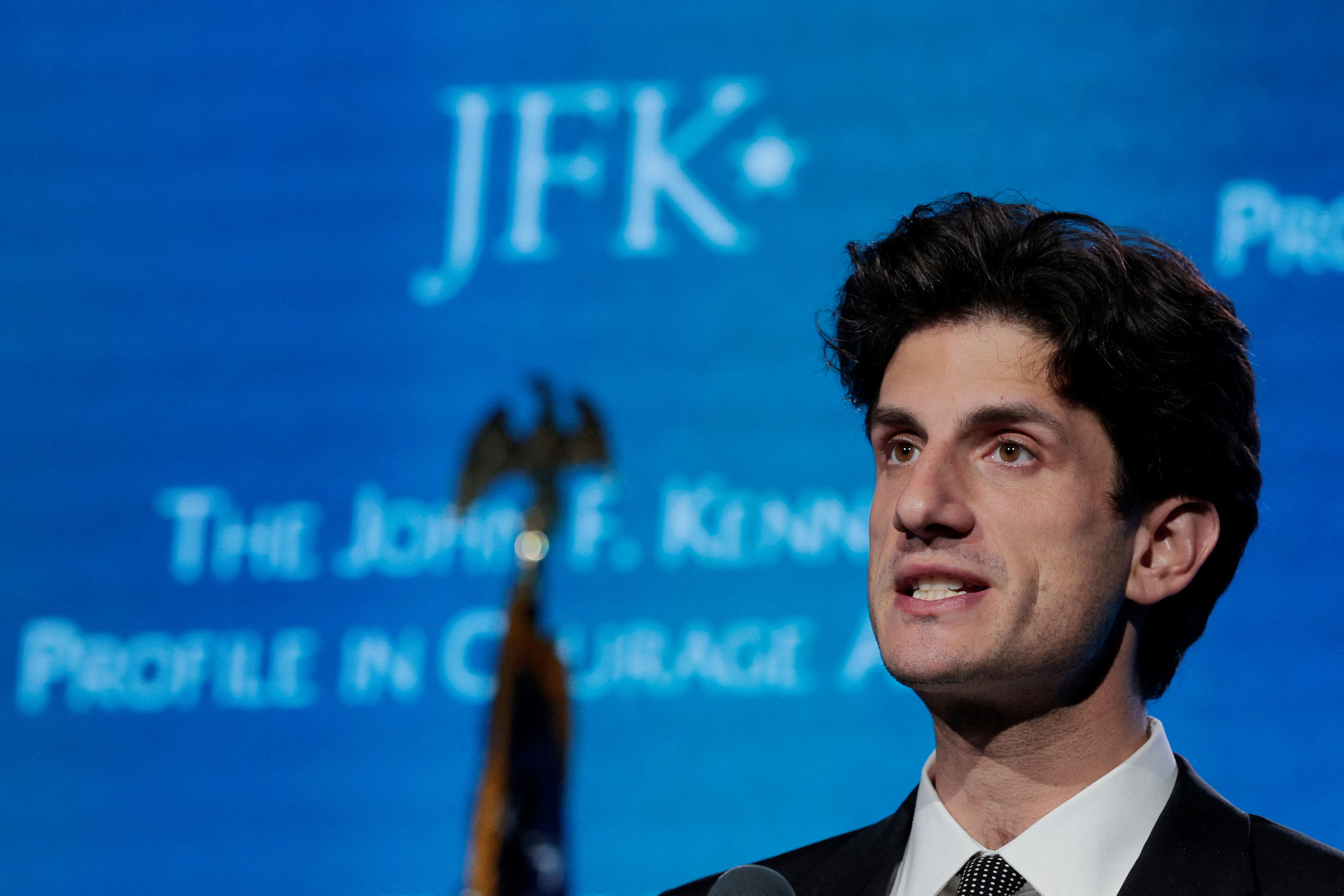 Jack Schlossberg speaks during the 2026 John F. Kennedy Profile in Courage Award ceremony at the John F. Kennedy Presidential Library and Museum in Boston, Massachusetts, U.S., May 31, 2026. REUTERS/Brian Snyder