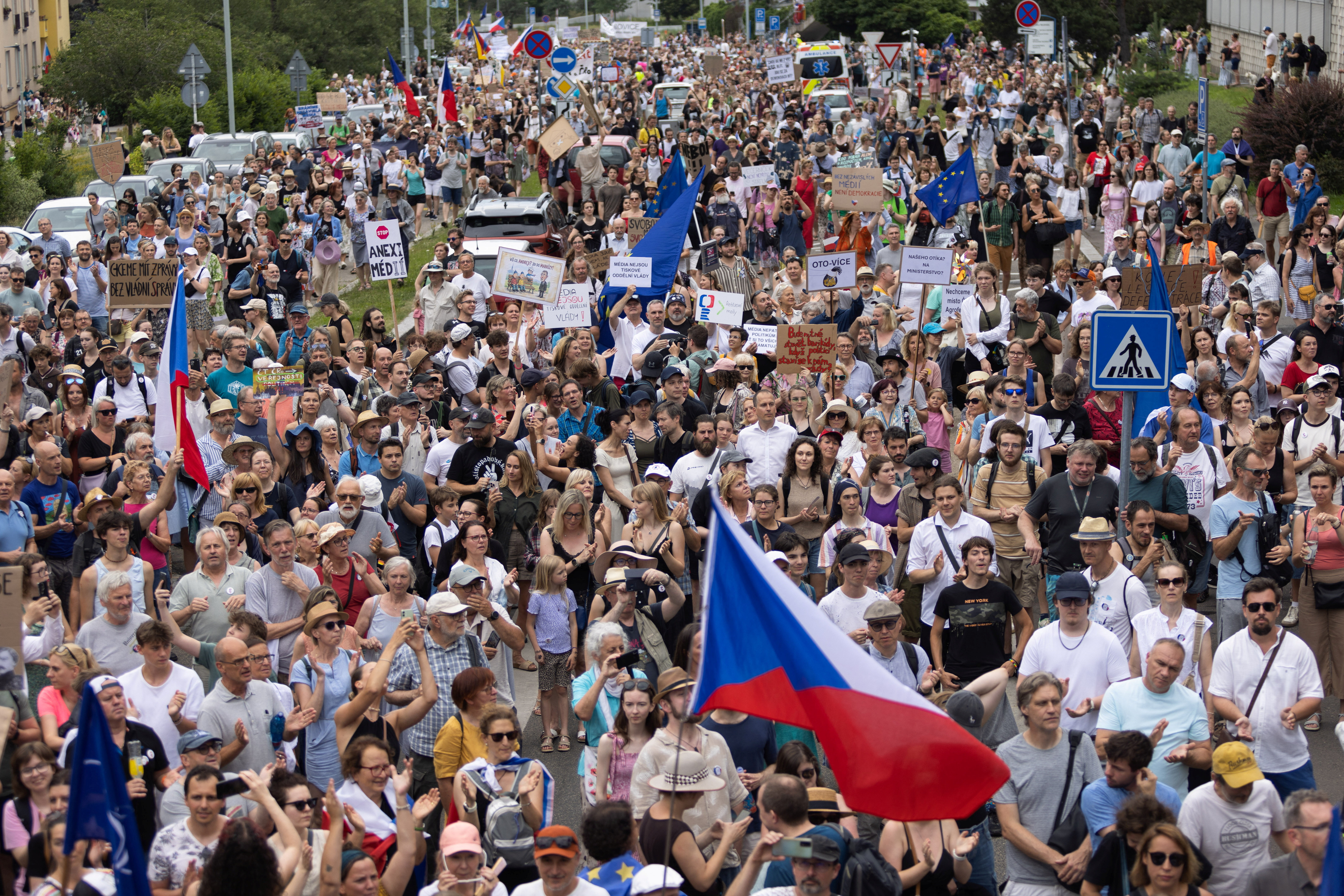 People attend a protest rally in support of public media as the Czech government plans to revamp and cut funding for Czech TV and Czech Radio, in Prague, Czech Republic, June 21, 2026. REUTERS/Eva Korinkova