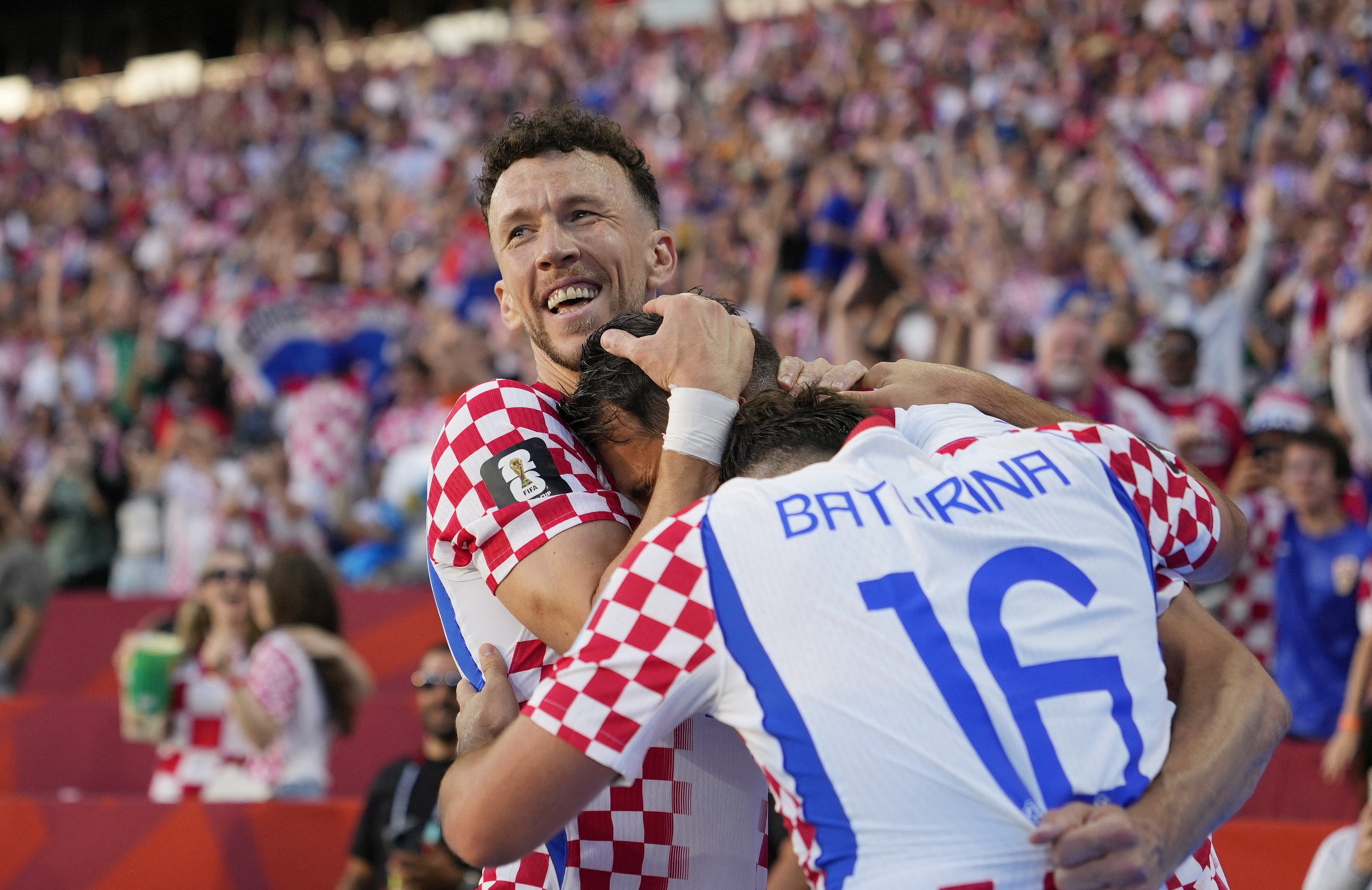 Soccer Football - FIFA World Cup 2026 - Group L - Panama v Croatia - Toronto Stadium, Toronto, Canada - June 23, 2026 Croatia's Ante Budimir celebrates scoring their first goal with Ivan Perisic and Martin Baturina IMAGN IMAGES via Reuters/John E Sokolowski