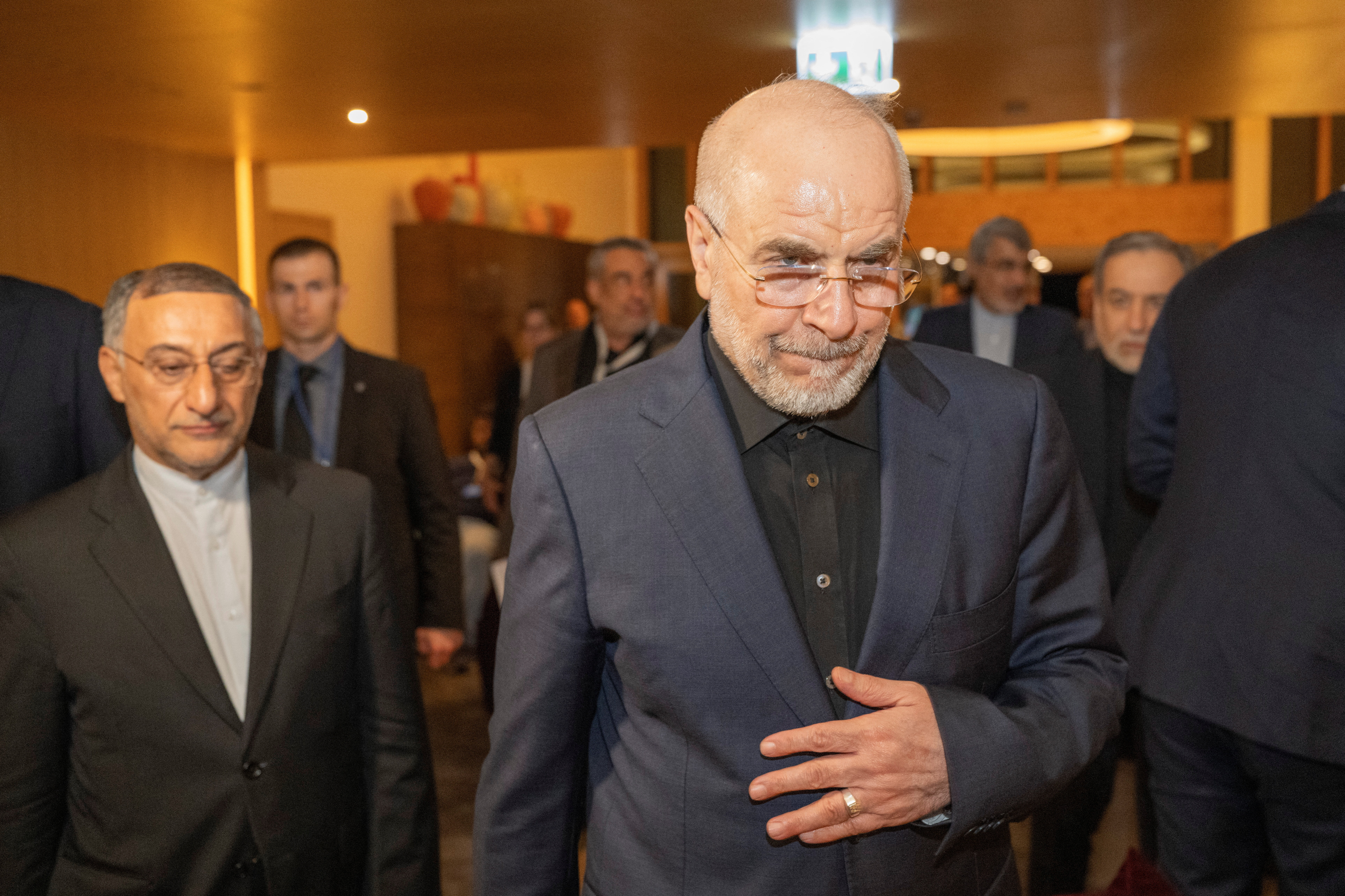 Speaker of the Islamic Parliament of Iran, Mohammed Bagher Ghalibaf, centre, at the Buergenstock resort in Obbuergen, near Lucerne, Switzerland, Sunday, June 20, 2026. URS FLUEELER/Pool via REUTERS