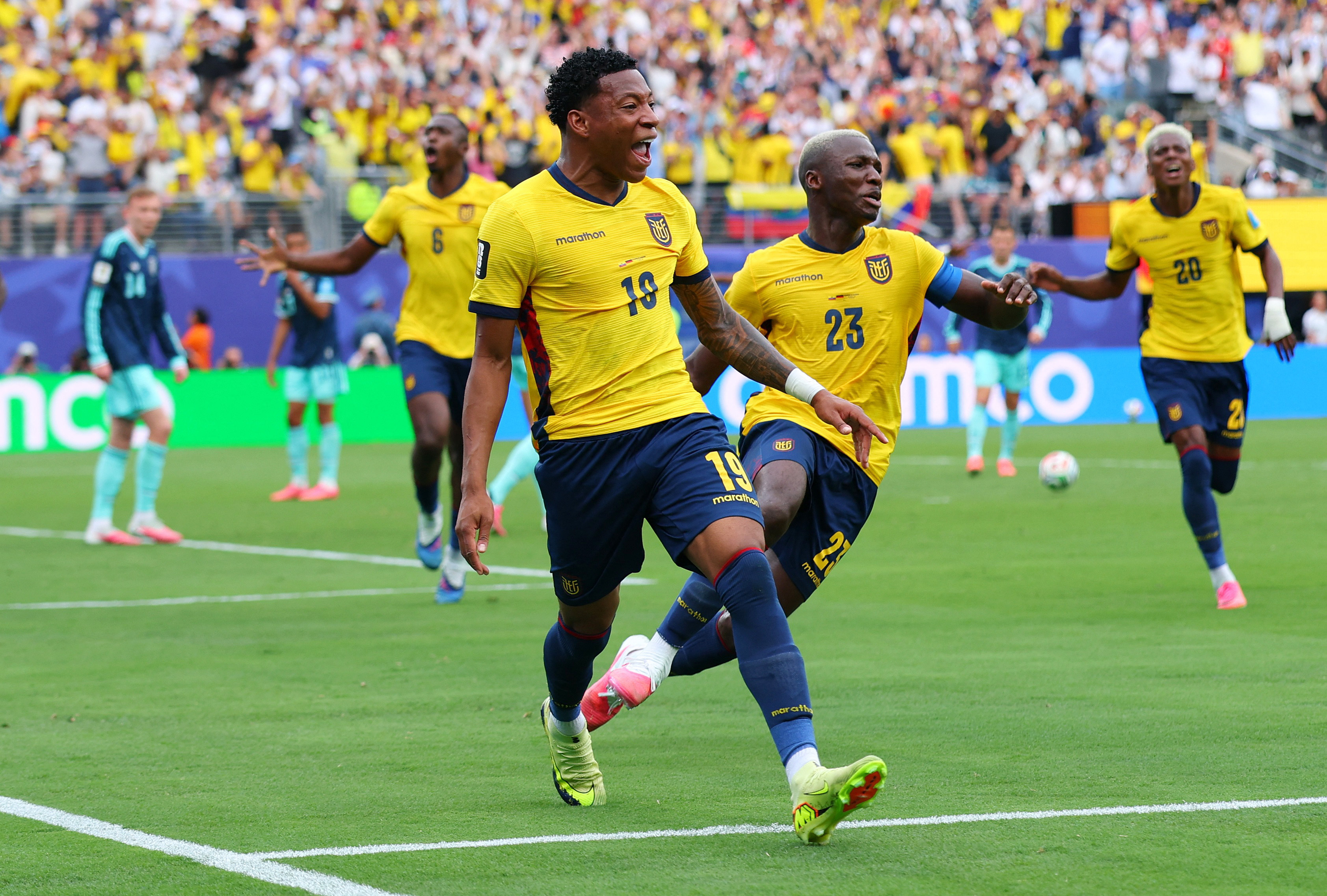 Soccer Football - FIFA World Cup 2026 - Group E - Ecuador v Germany - New York/New Jersey Stadium, East Rutherford, New Jersey, U.S. - June 25, 2026 Ecuador's Gonzalo Plata celebrates scoring their second goal with Moises Caicedo REUTERS/Mike Segar