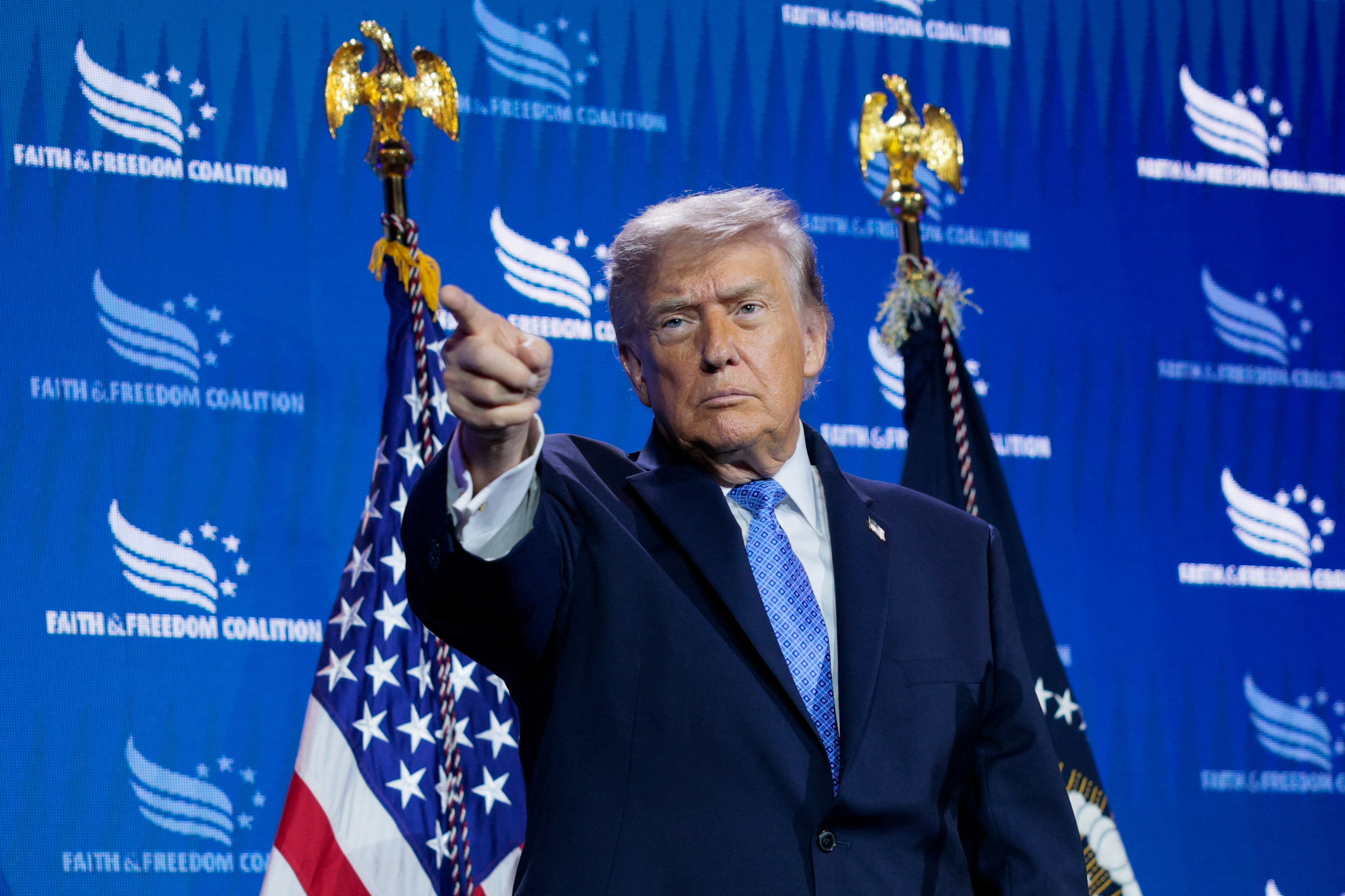 U.S. President Donald Trump points his finger during the Faith & Freedom Coalition's 2026 Policy Conference at the Washington Hilton, in Washington, D.C., U.S., June 26, 2026. REUTERS/Evan Vucci TPX IMAGES OF THE DAY