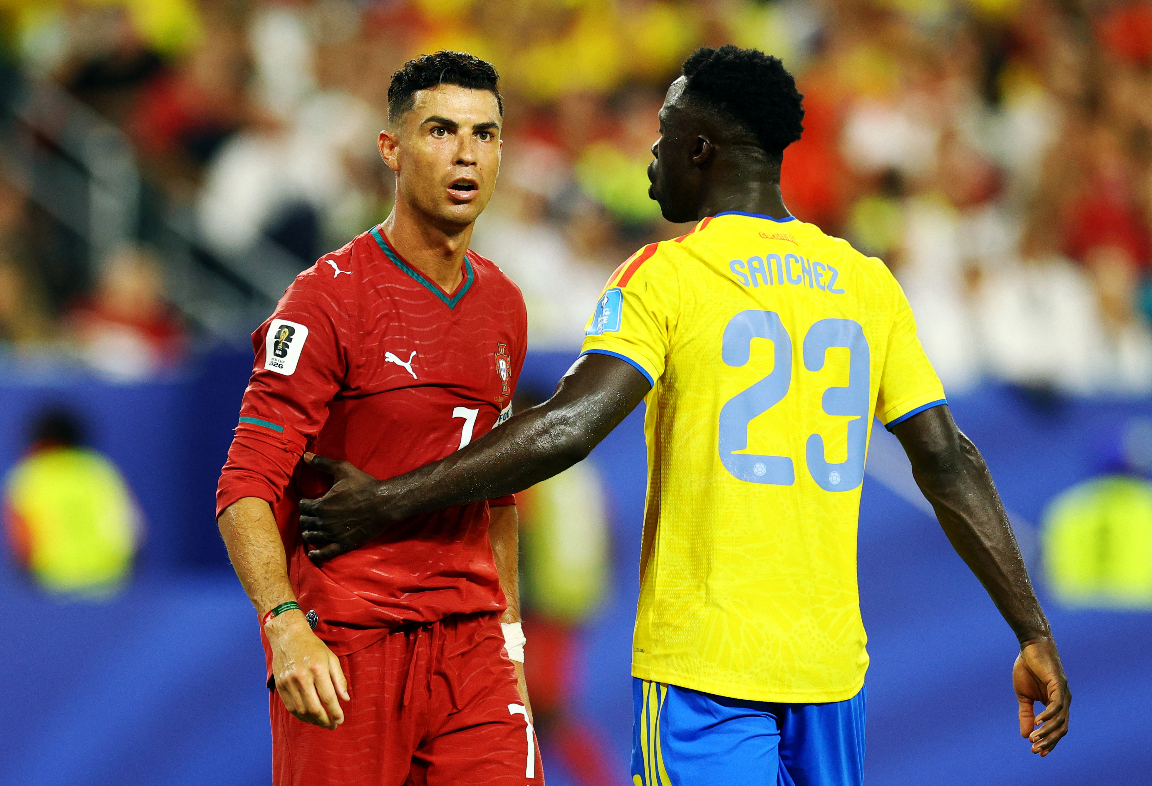 Soccer Football - FIFA World Cup 2026 - Group K - Colombia v Portugal - Miami Stadium, Miami Gardens, Florida, U.S. - June 27, 2026 Portugal's Cristiano Ronaldo with Colombia's Davinson Sanchez IMAGN IMAGES via Reuters/Nathan Ray Seebeck