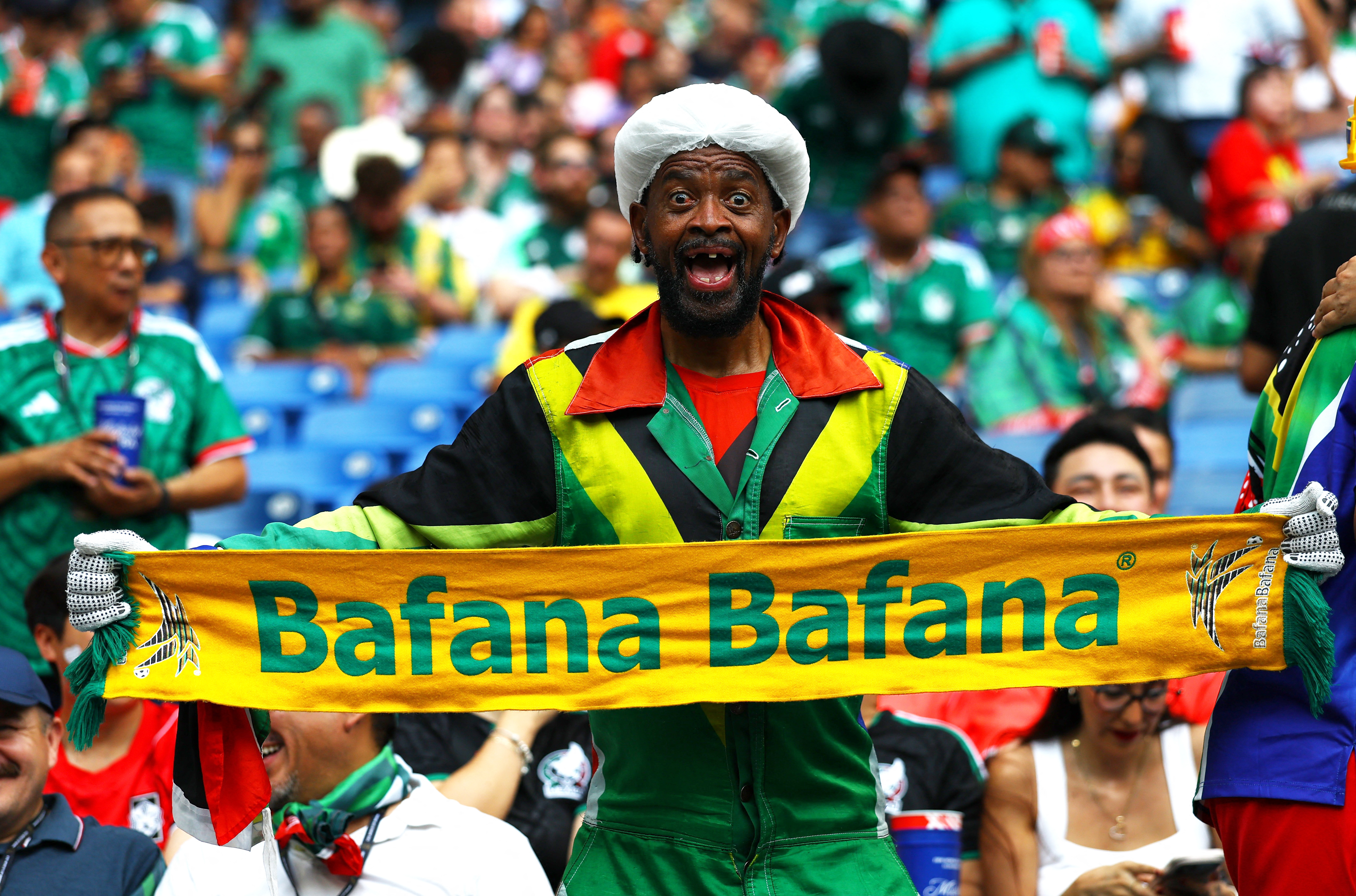 Soccer Football - FIFA World Cup 2026 - Group A - South Africa v South Korea - Estadio Monterrey, Monterrey, Mexico - June 24, 2026 A South Africa fan reacts inside the stadium before the match REUTERS/Daniel Becerril