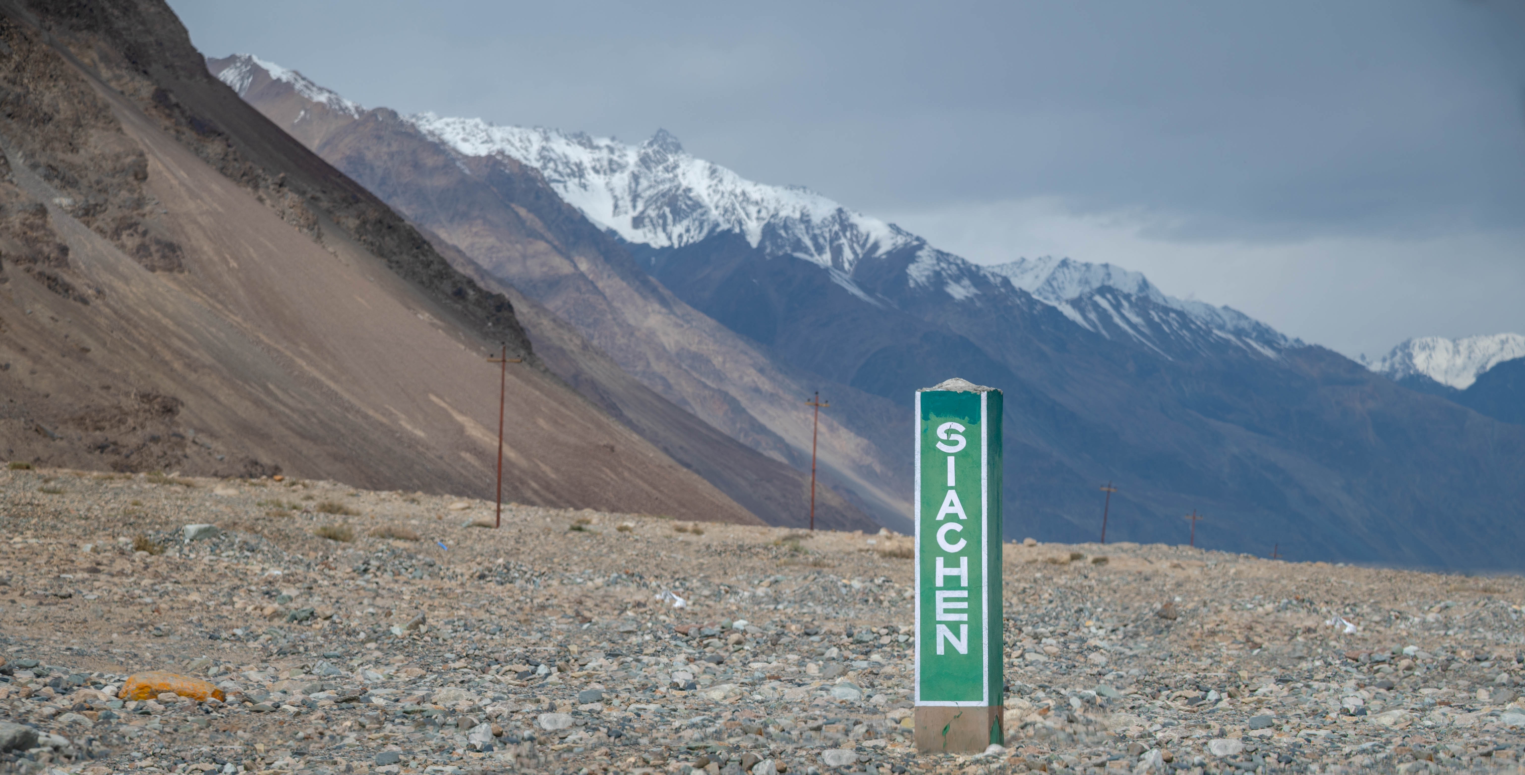 Siachen milestone in the northern region of Leh Ladakh in India Green color siachen mark indicates the location. Siachen is known for the War of 1984 fought at Siachen Glacier.