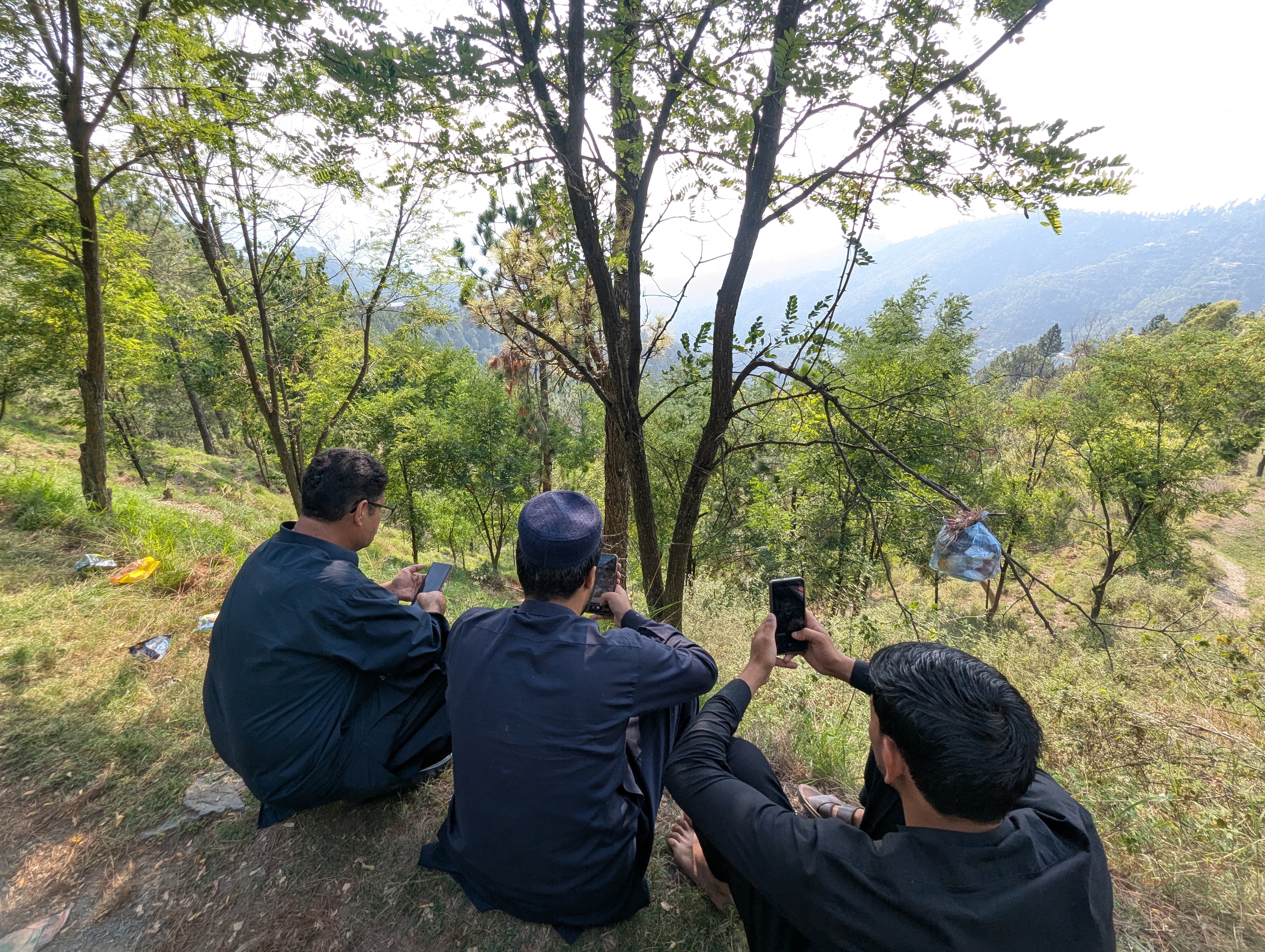 People sit on a hillside with their mobile phones