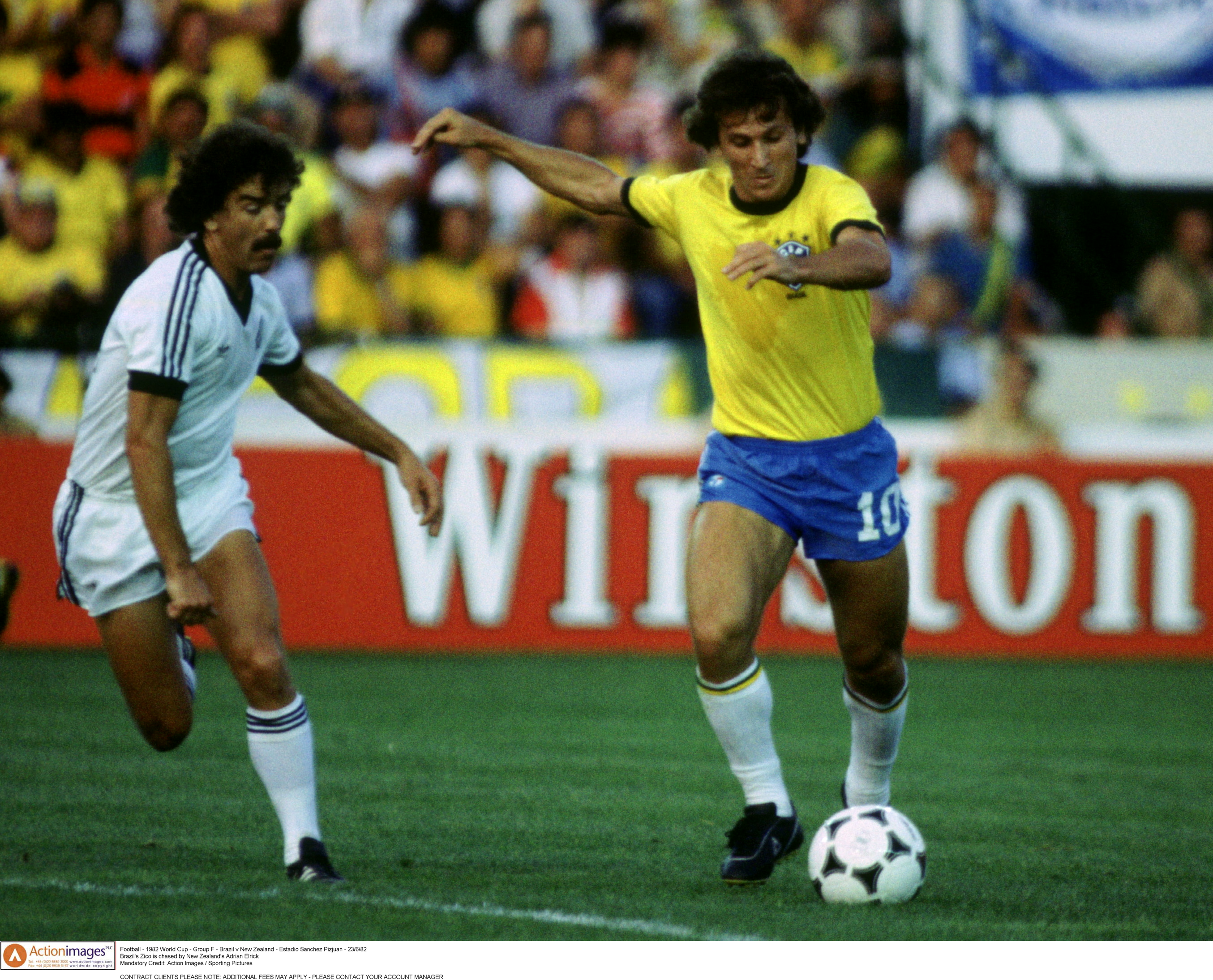 Brazil's Zico is chased by New Zealand's Adrian Elrick at the 1982 World Cup