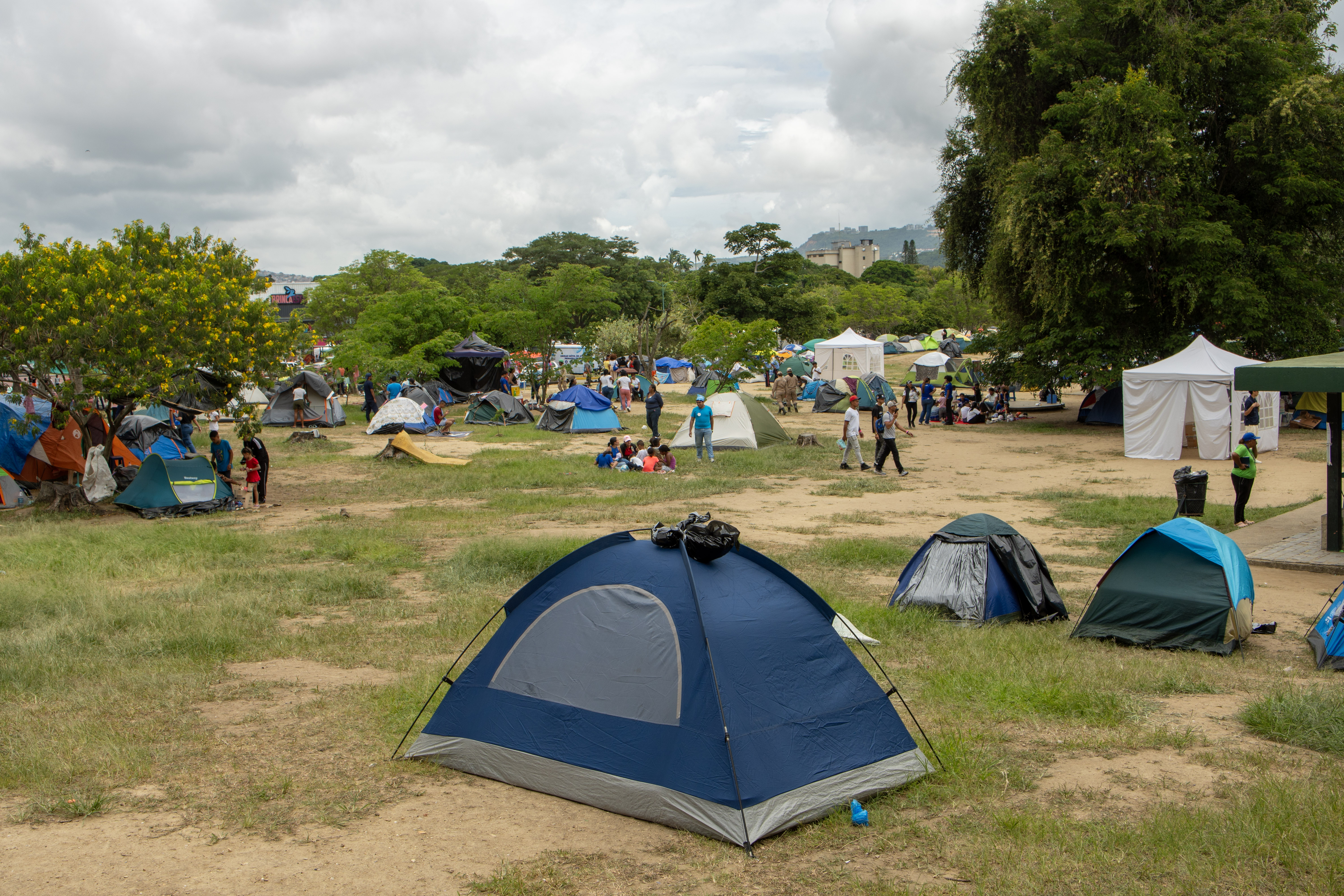 Tents have been set up as improvised shelter for survivors in the Parque del Este in the capital Caracas
