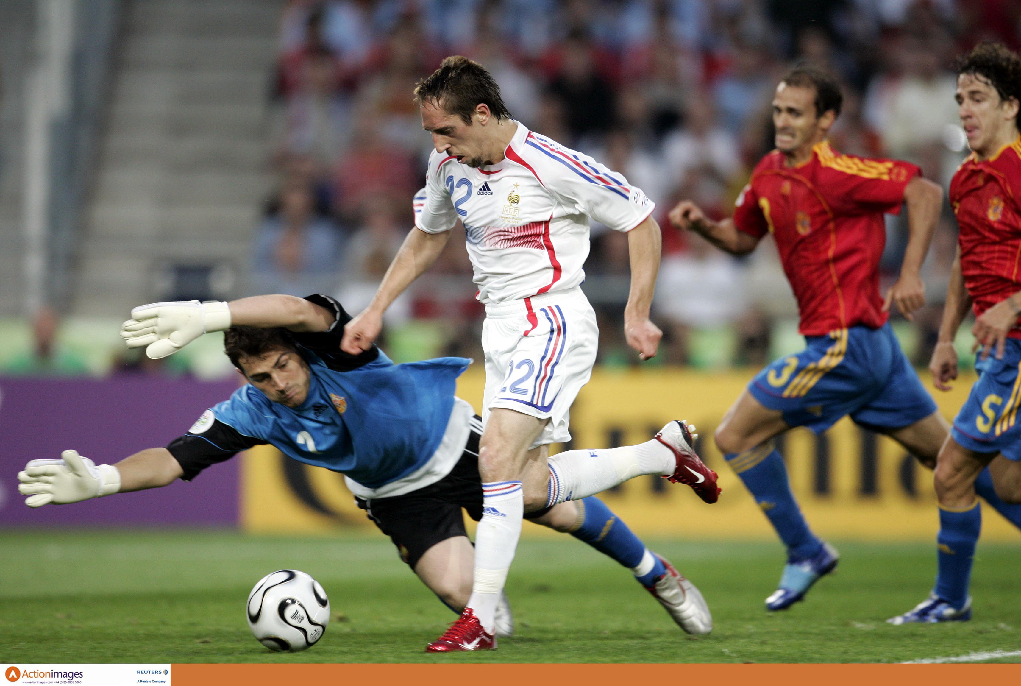 France’s Franck Ribery goes round Spain’s Iker Casillas to score his side’s first goal in their only World Cup meeting 20 years ago