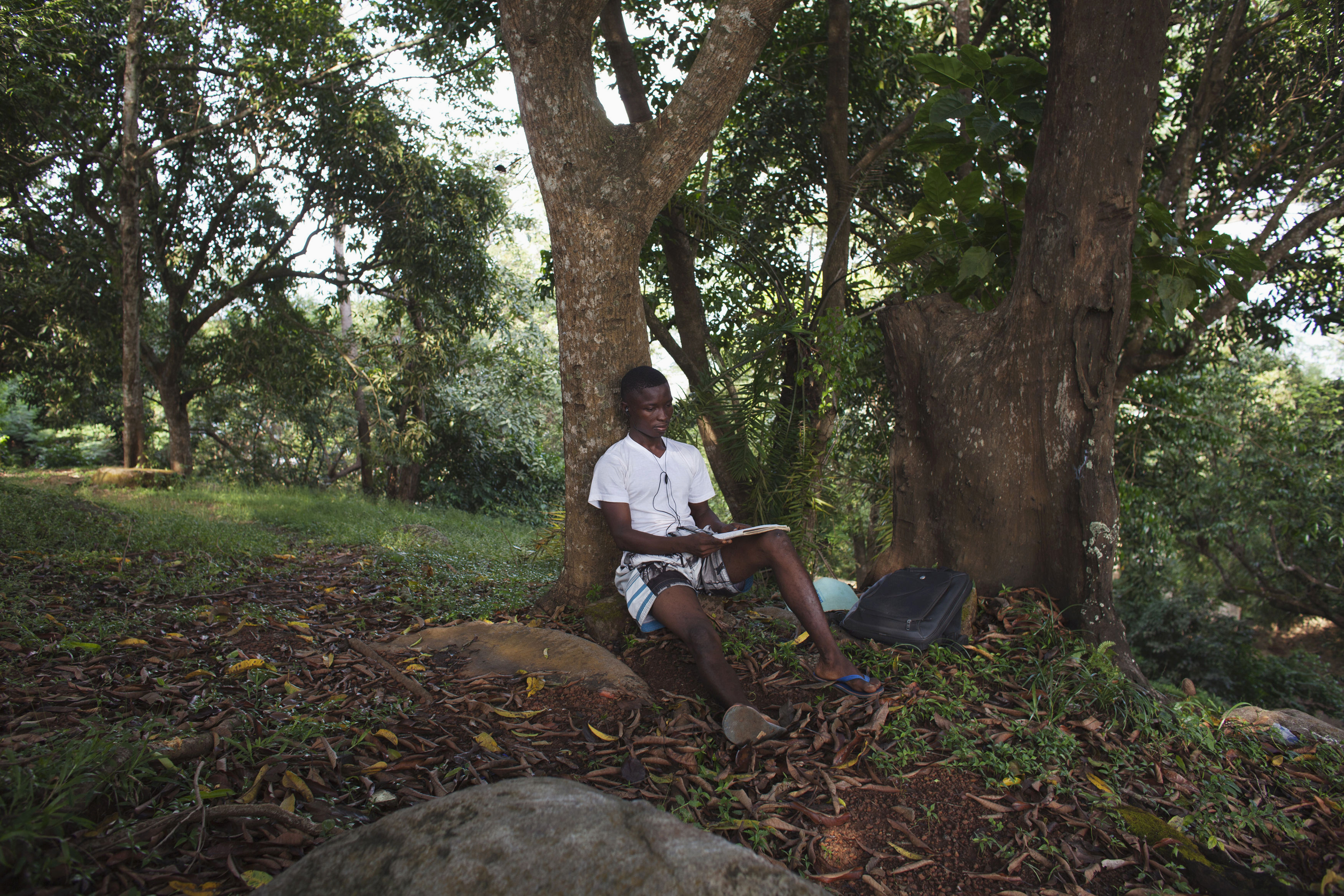 A student studies under a tree on the campus of Sierra Leone's prestigious Fourah Bay College in the capital Freetown, November 20, 2012. Picture taken November 20, 2012. REUTERS/Joe Penney (SIERRA LEONE - Tags: EDUCATION SOCIETY)