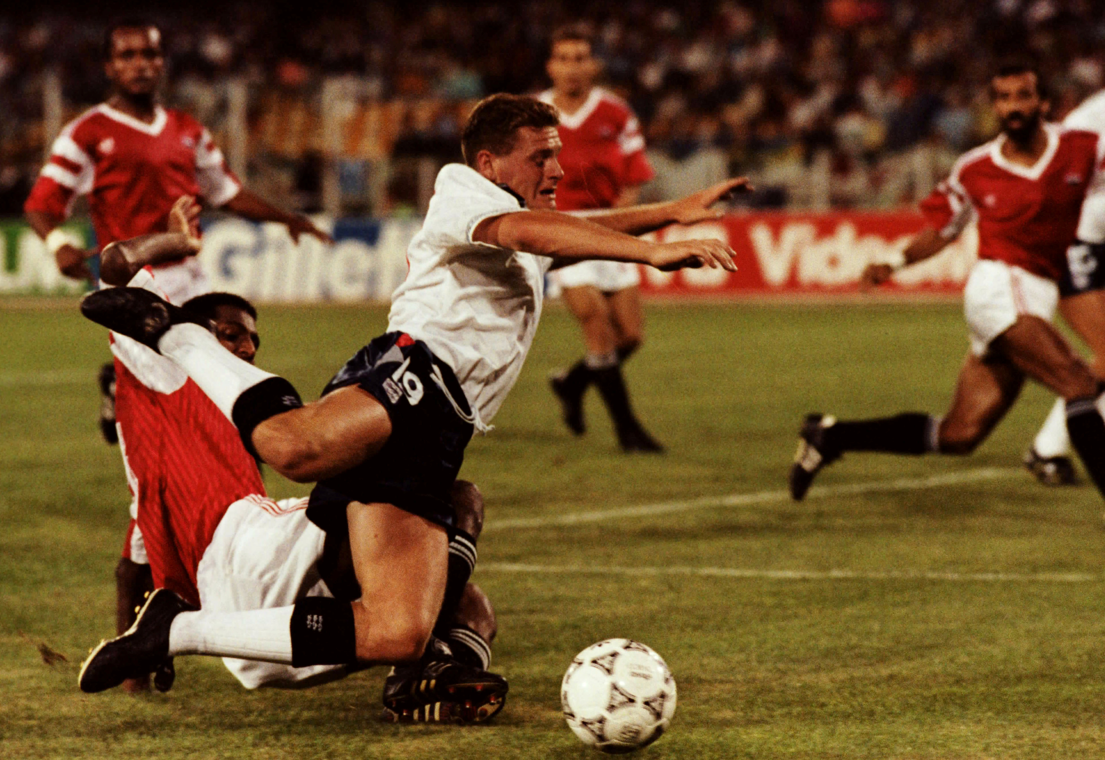 England’s Paul Gascoigne is tackled during a match against Egypt at the 1990 World Cup [Reuters]