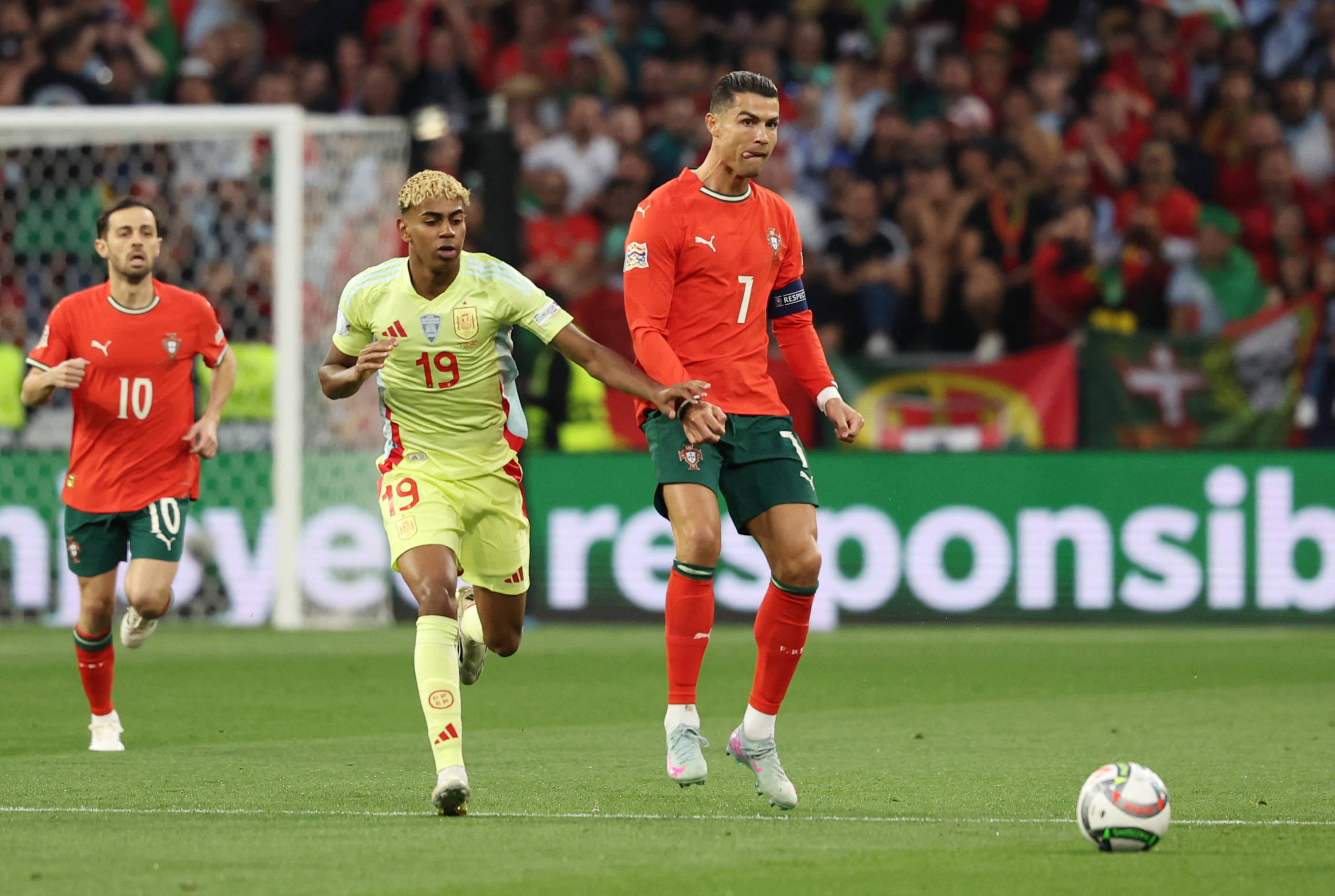 Spain’s Lamine Yamal, left, lost to Portugal’s Cristiano Ronaldo, right, in their only career meeting at the 2025 UEFA Nations League final