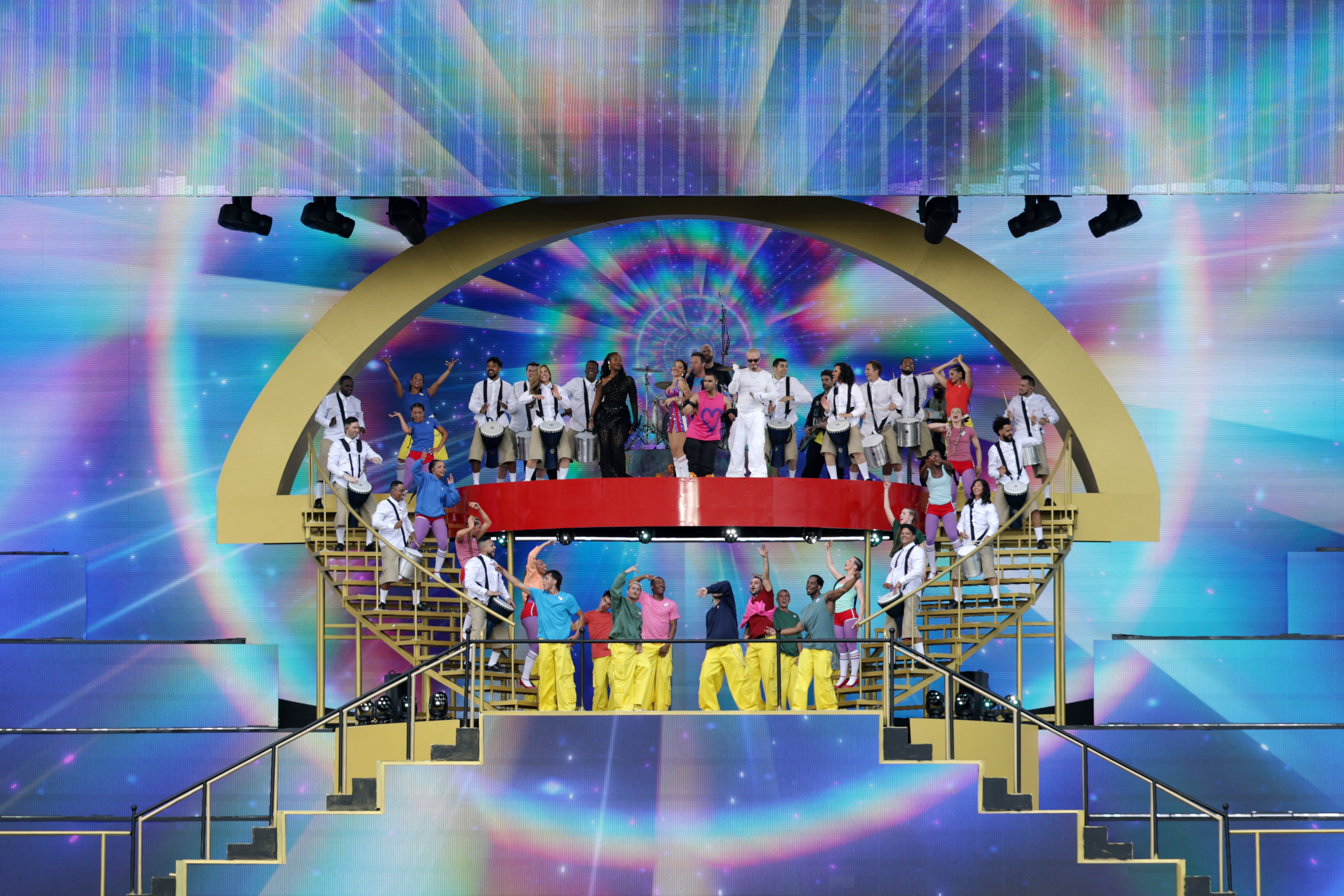 Chris Martin, J Balvin, Tems, Doja Cat and Emmanuel Kelly perform during the half-time show at the Club World Cup Final