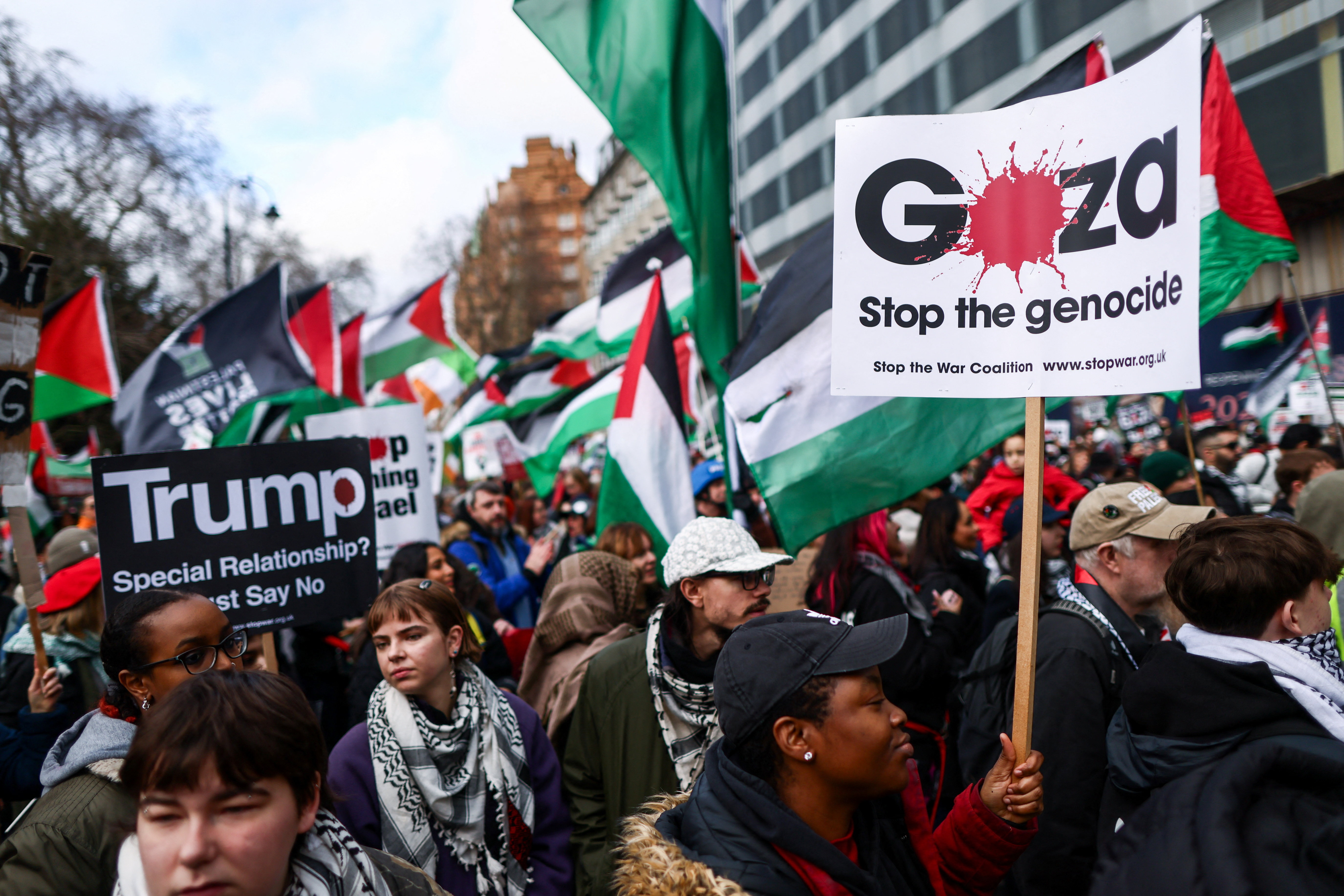 People gather for the National March for Palestine – Hands off Gaza, a pro-Palestinian protest calling for the government to “end the genocide and stop arming Israel”, in London, UK, on January 31, 2026
