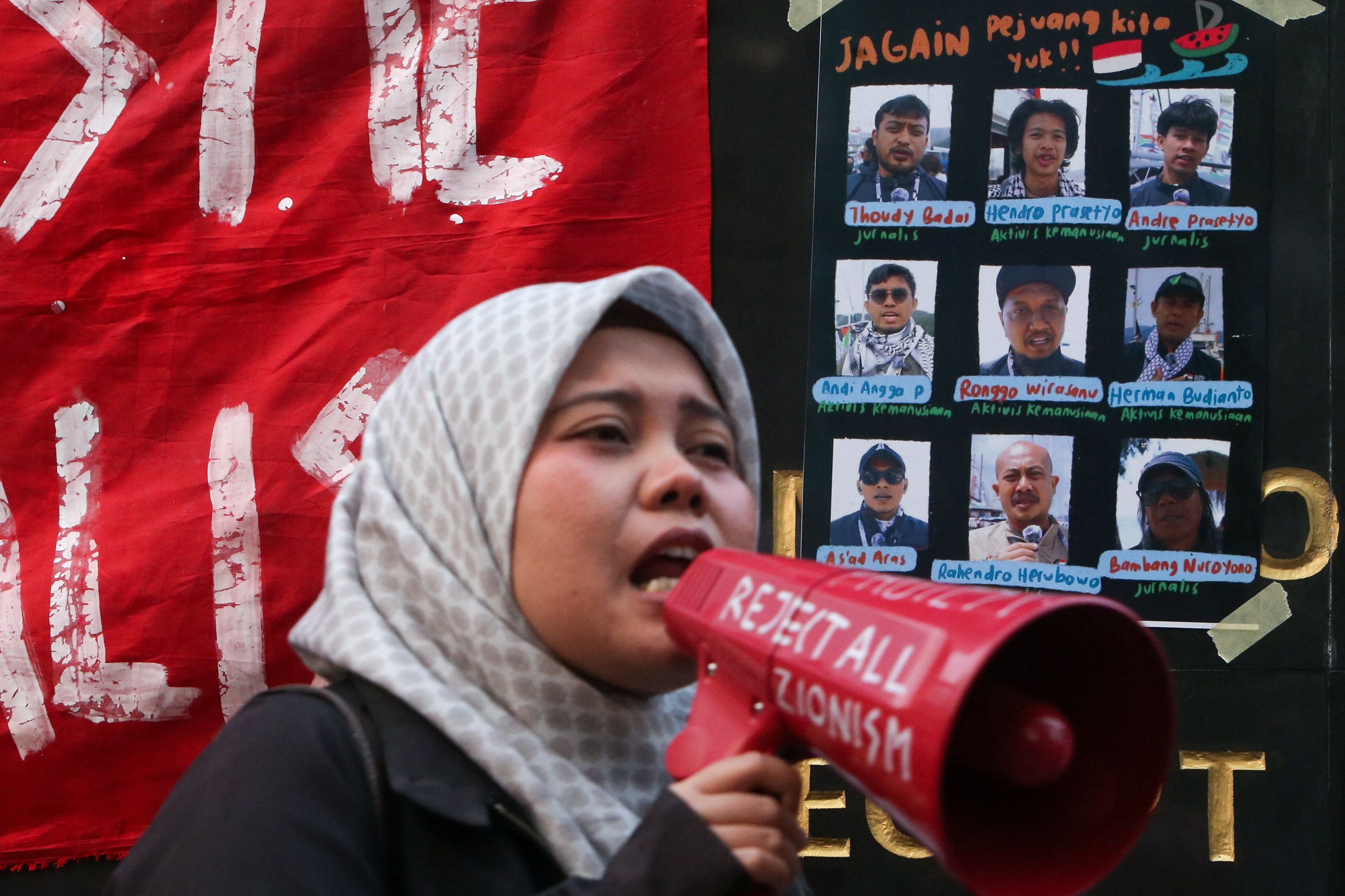 A protester delivers a speech during a protest in solidarity with Indonesian nationals who were arrested aboard the Gaza-bound Global Sumud Flotilla, in Bandung, West Java Province, Indonesia, on May 19, 2026