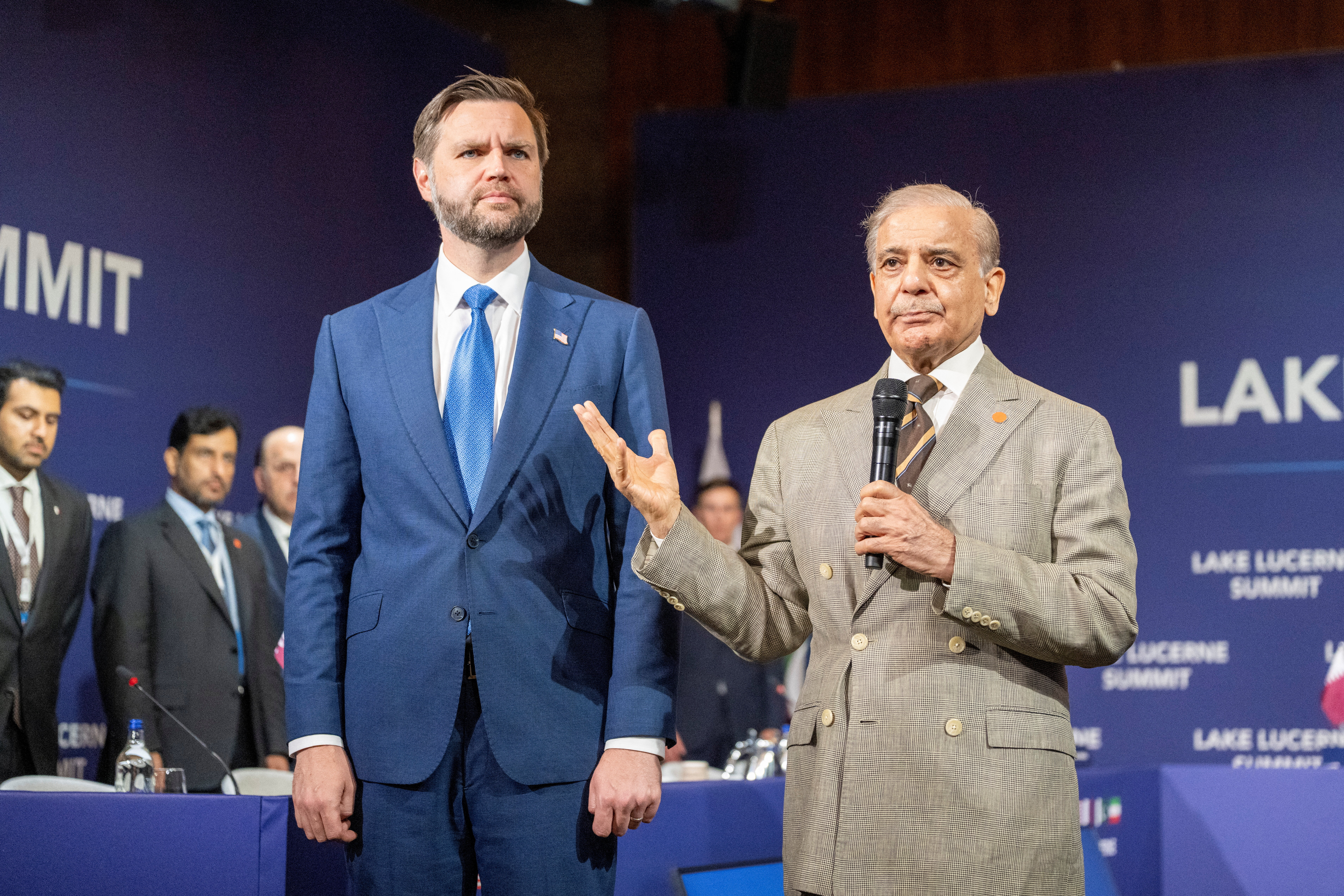 U.S. Vice-President JD Vance and Prime Minister of Pakistan Shehbaz Sharif, at the Lake Lucerne Summit at the Buergenstock resort in Obbuergen, near Lucerne, Switzerland, Sunday, June 21, 2026. URS FLUEELER/Pool via REUTERS