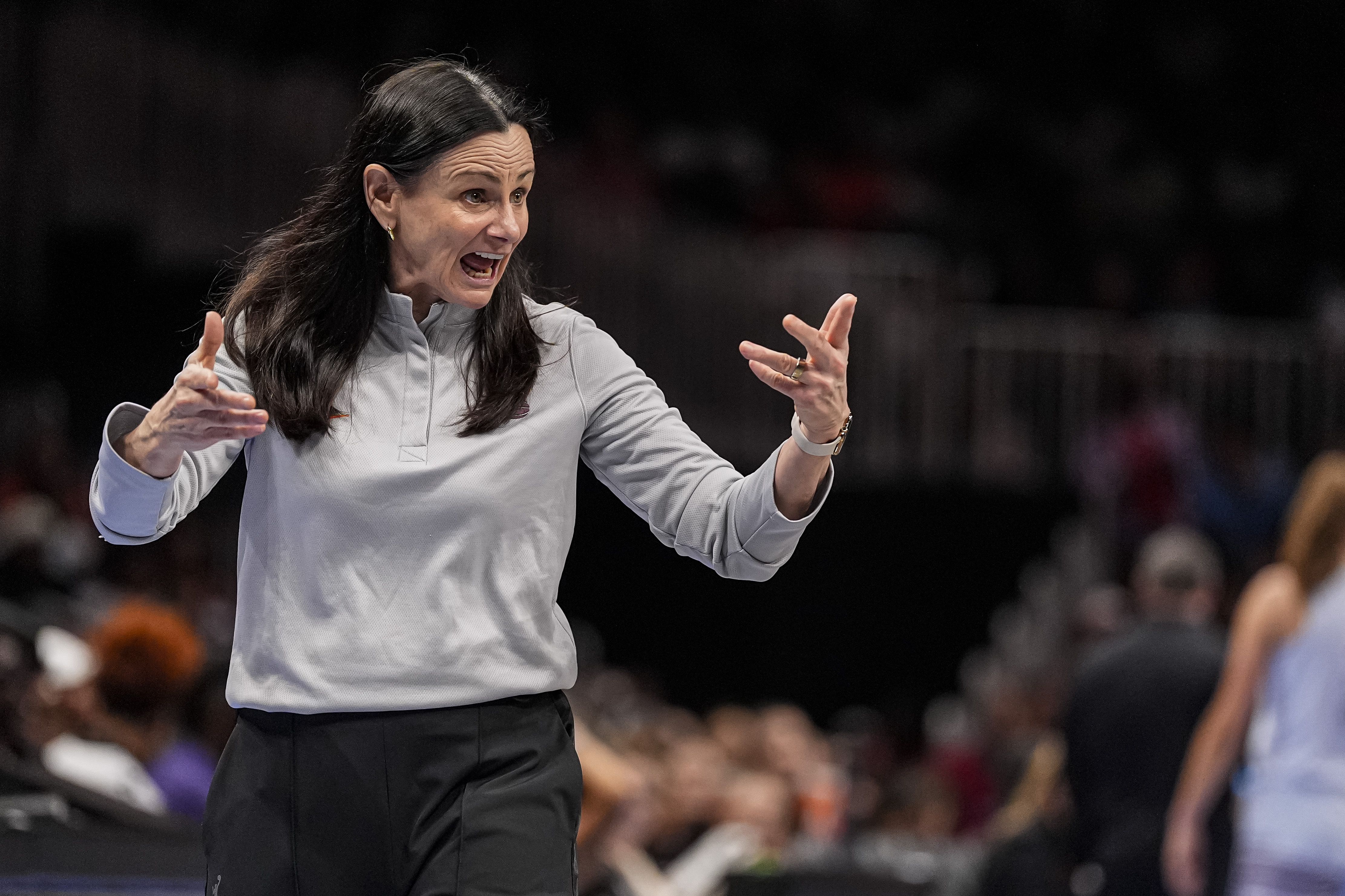 Jun 22, 2026; Atlanta, Georgia, USA; Toronto Tempo head coach Sandy Brondello reacts on the sideline during the game against the Atlanta Dream during the second half at State Farm Arena. Mandatory Credit: Dale Zanine-Imagn Images