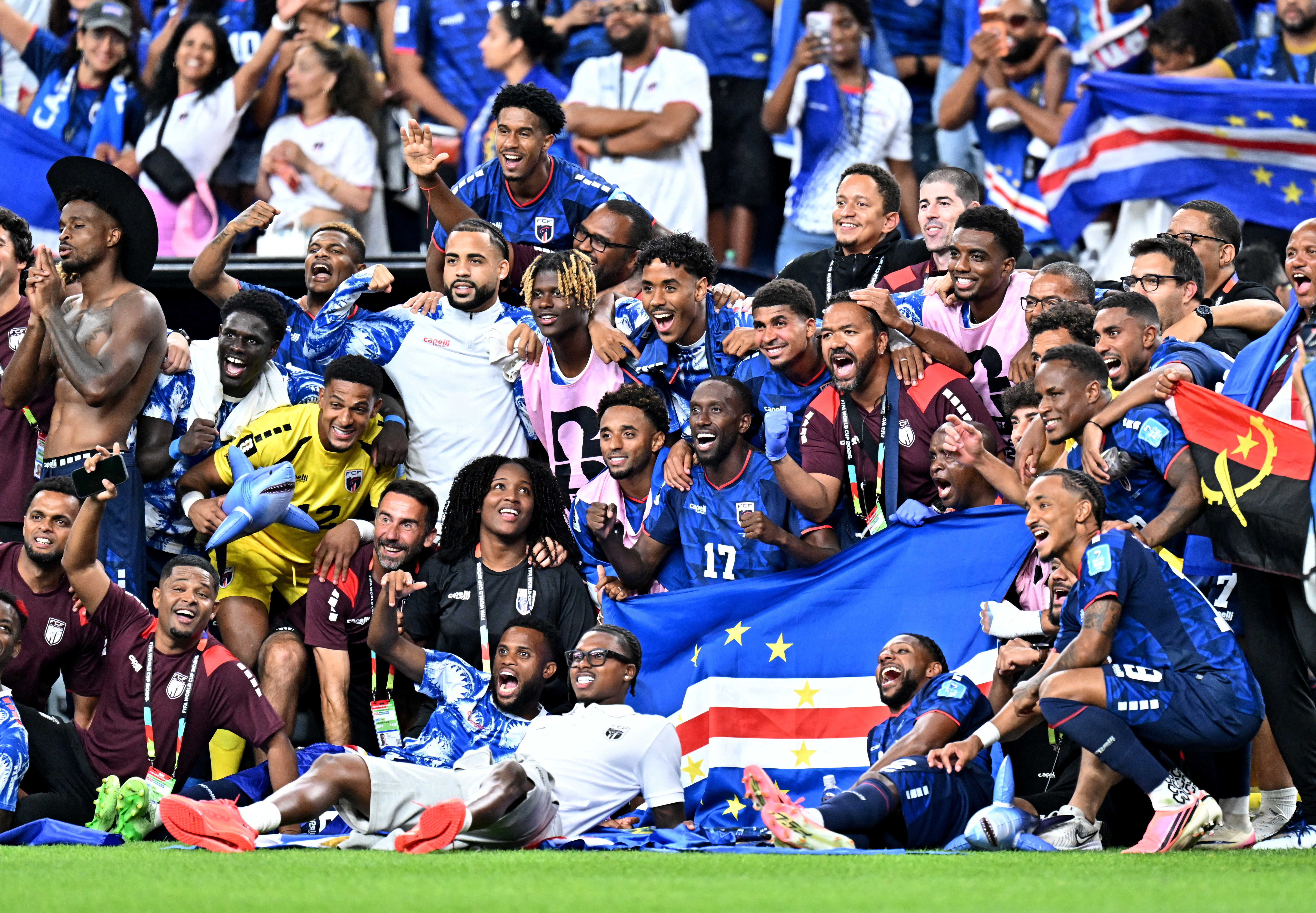 FILE PHOTO: Soccer Football - FIFA World Cup 2026 - Group H - Cape Verde v Saudi Arabia - Houston Stadium, Houston, Texas, U.S. - June 26, 2026 Cape Verde players celebrate after the match as they qualify for the knockout stages of the World Cup IMAGN IMAGES via Reuters/Maria Lysaker/File Photo