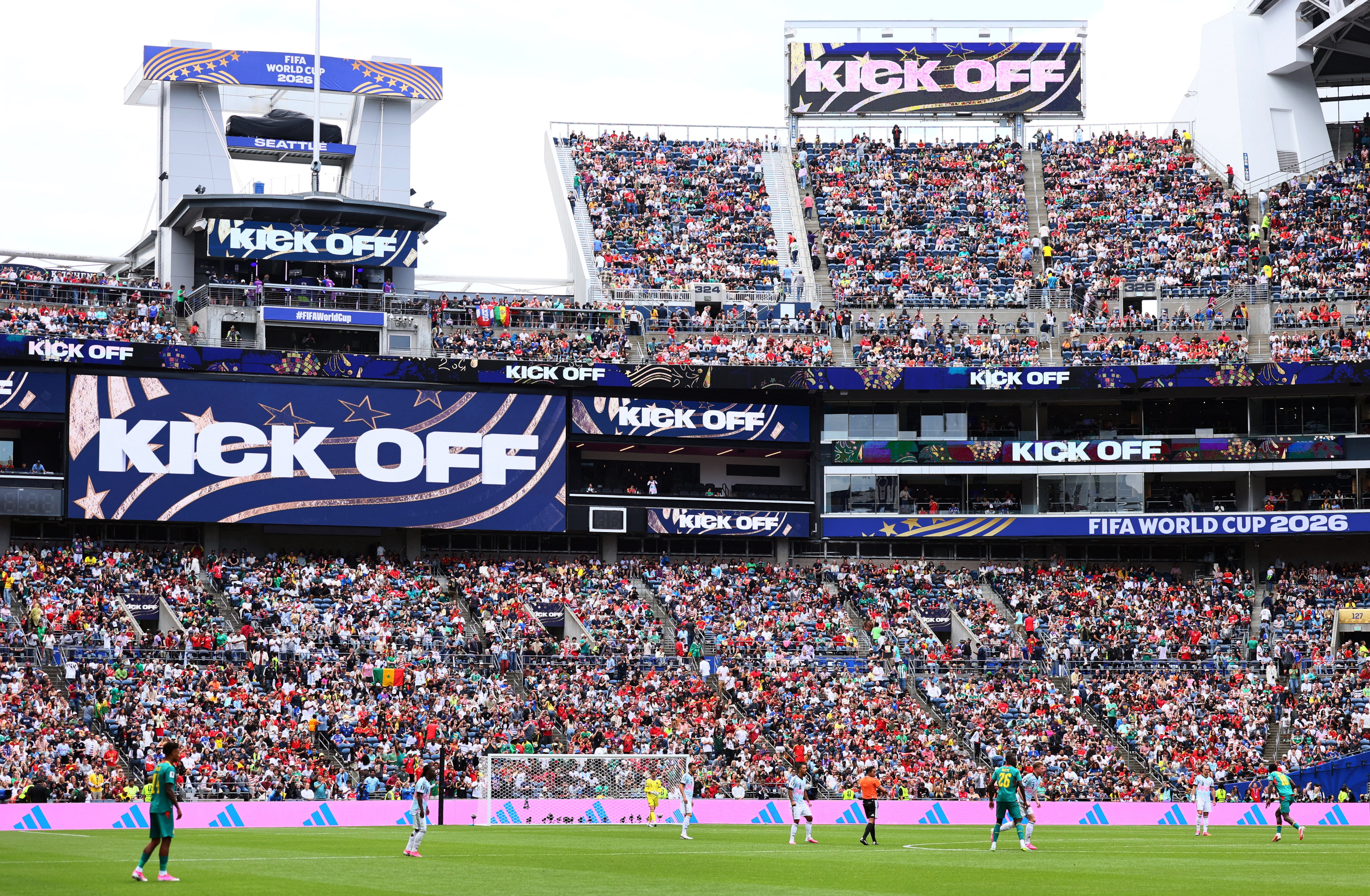 General view as the big screen displays a message in Seattle