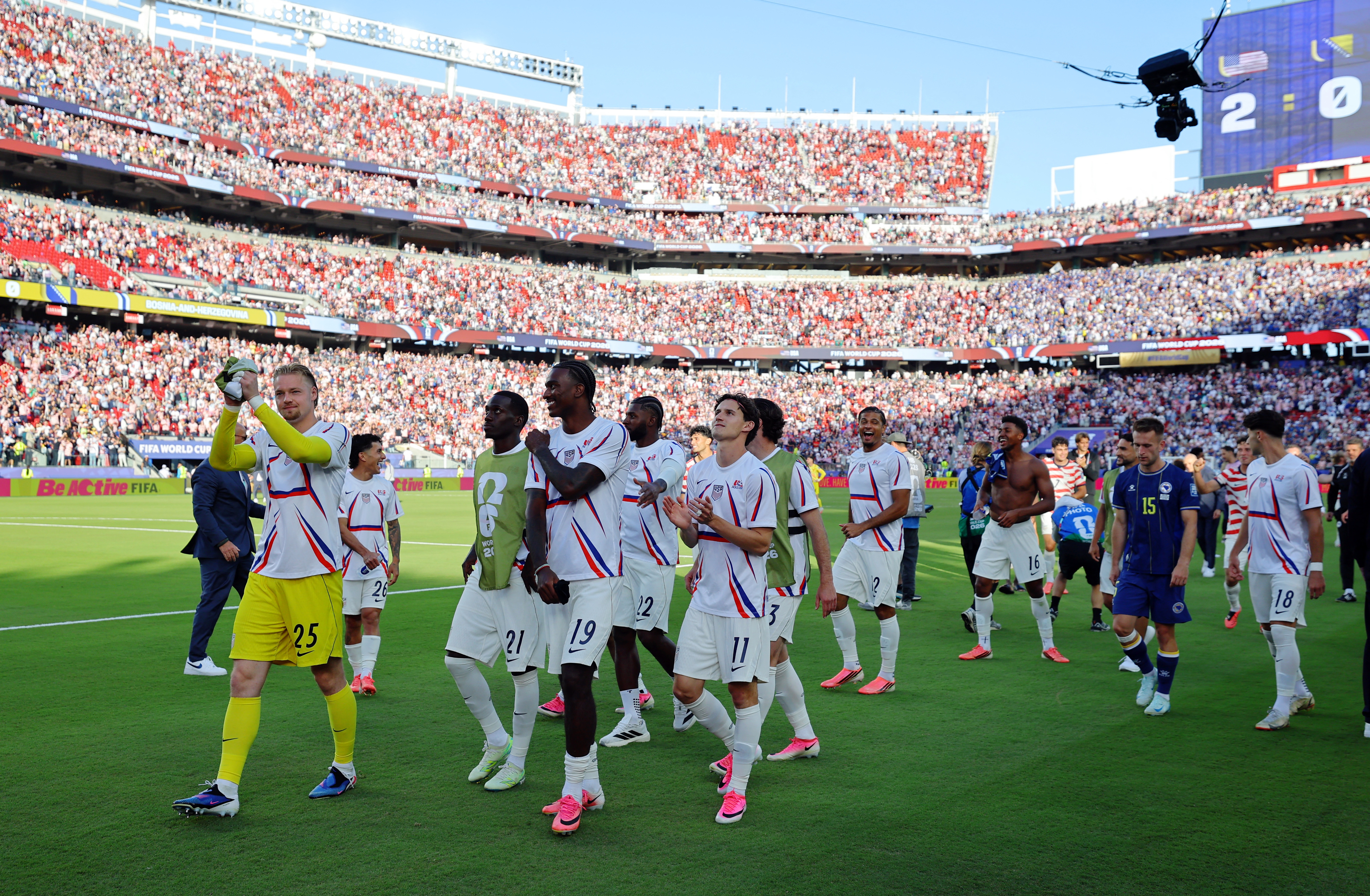 Soccer Football - FIFA World Cup 2026 - Round of 32 - United States v Bosnia and Herzegovina - San Francisco Bay Area Stadium, Santa Clara, California, U.S. - July 1, 2026 Chris Brady of the U.S. and teammates acknowledge fans after the match REUTERS/Carlos Barria