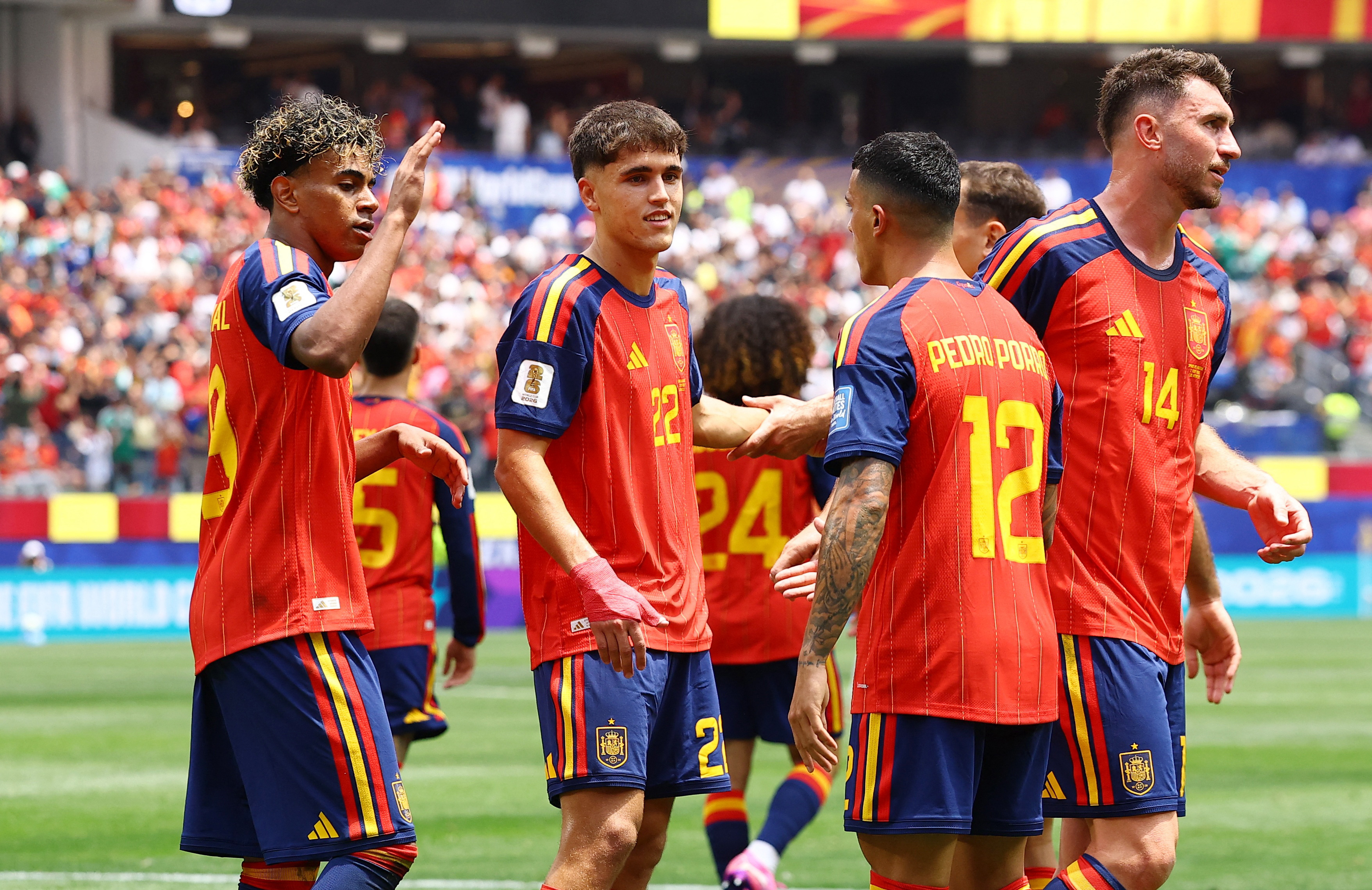 Spain’s Pau Cubarsi, centre, has been the standout player for Heath, who wants to see Lamine Yamal, left, shine in the final