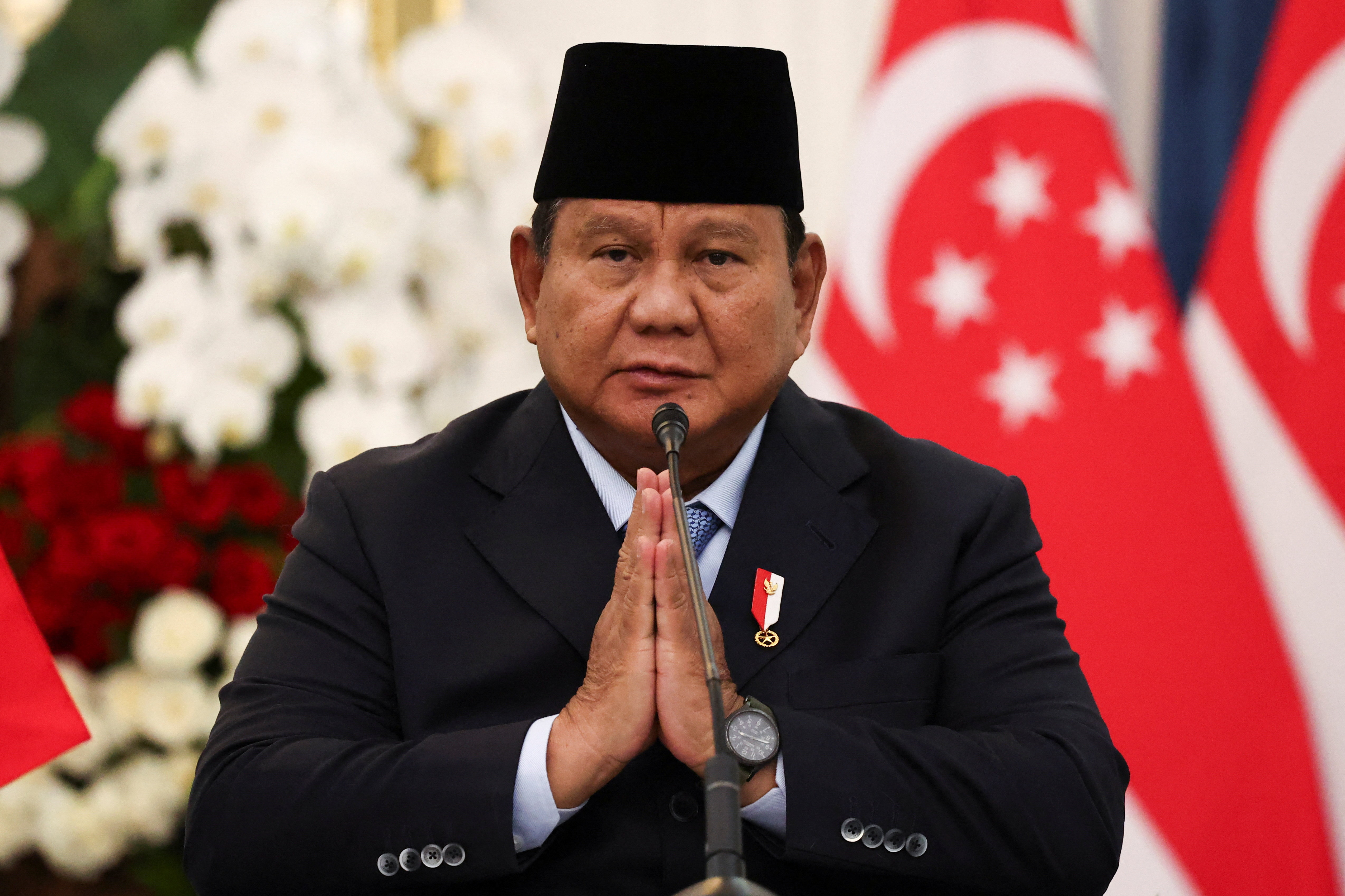 Indonesian President Prabowo Subianto gestures during a joint news conference with Singapore’s Prime Minister Lawrence Wong at the Merdeka Palace in Jakarta, Indonesia, on July 6, 2026