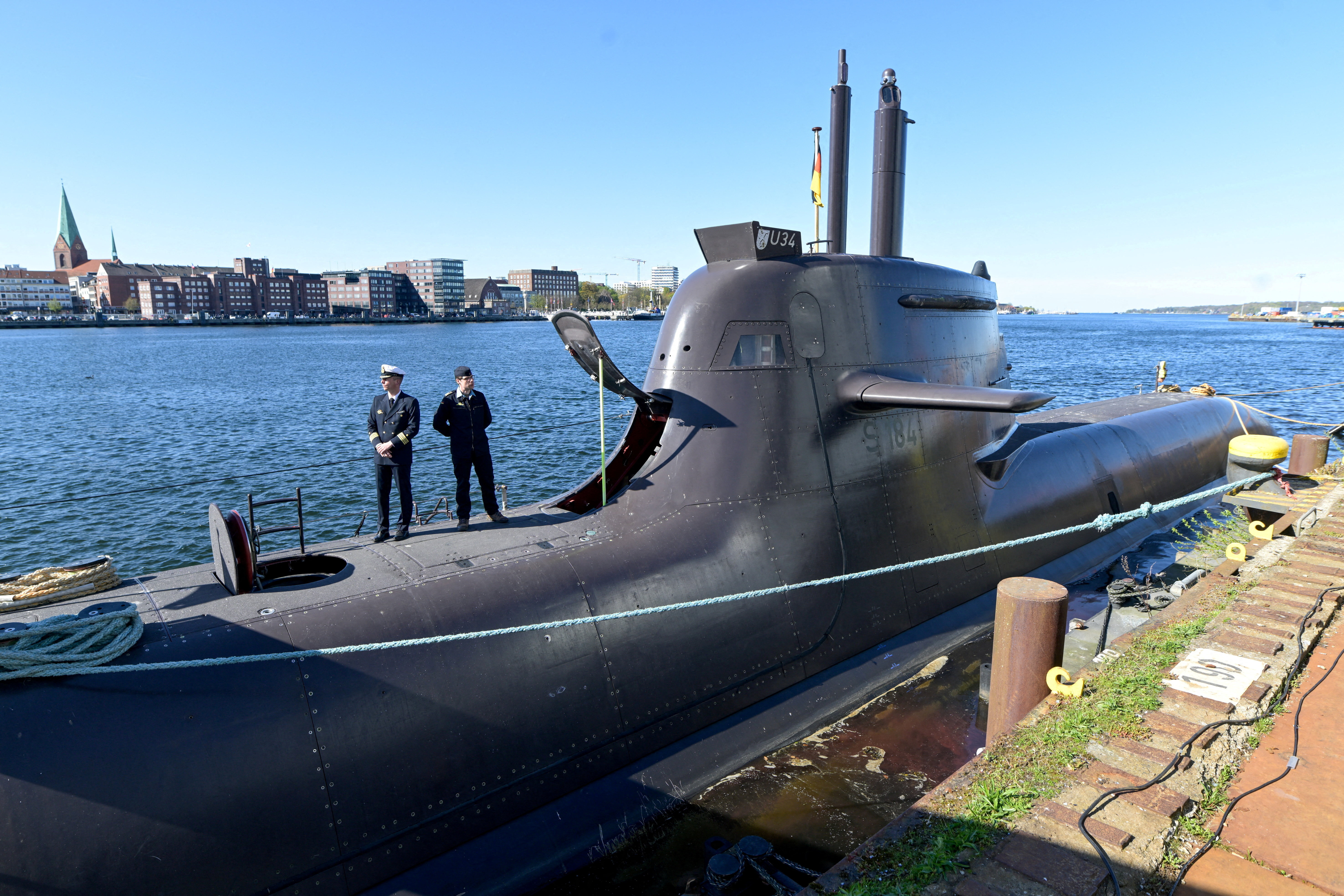 FILE PHOTO: Type 212A submarine U-34 is docked in a shipyard of warship maker TKMS in Kiel, Germany, April 22, 2026. REUTERS/Fabian Bimmer/File Photo