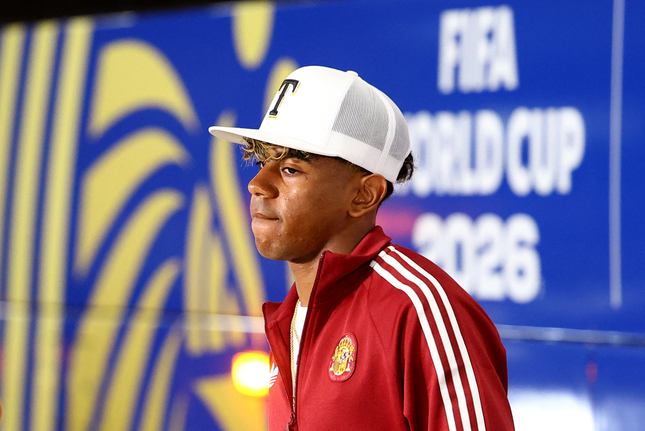 Spain's Lamine Yamal arrives at the stadium before the match