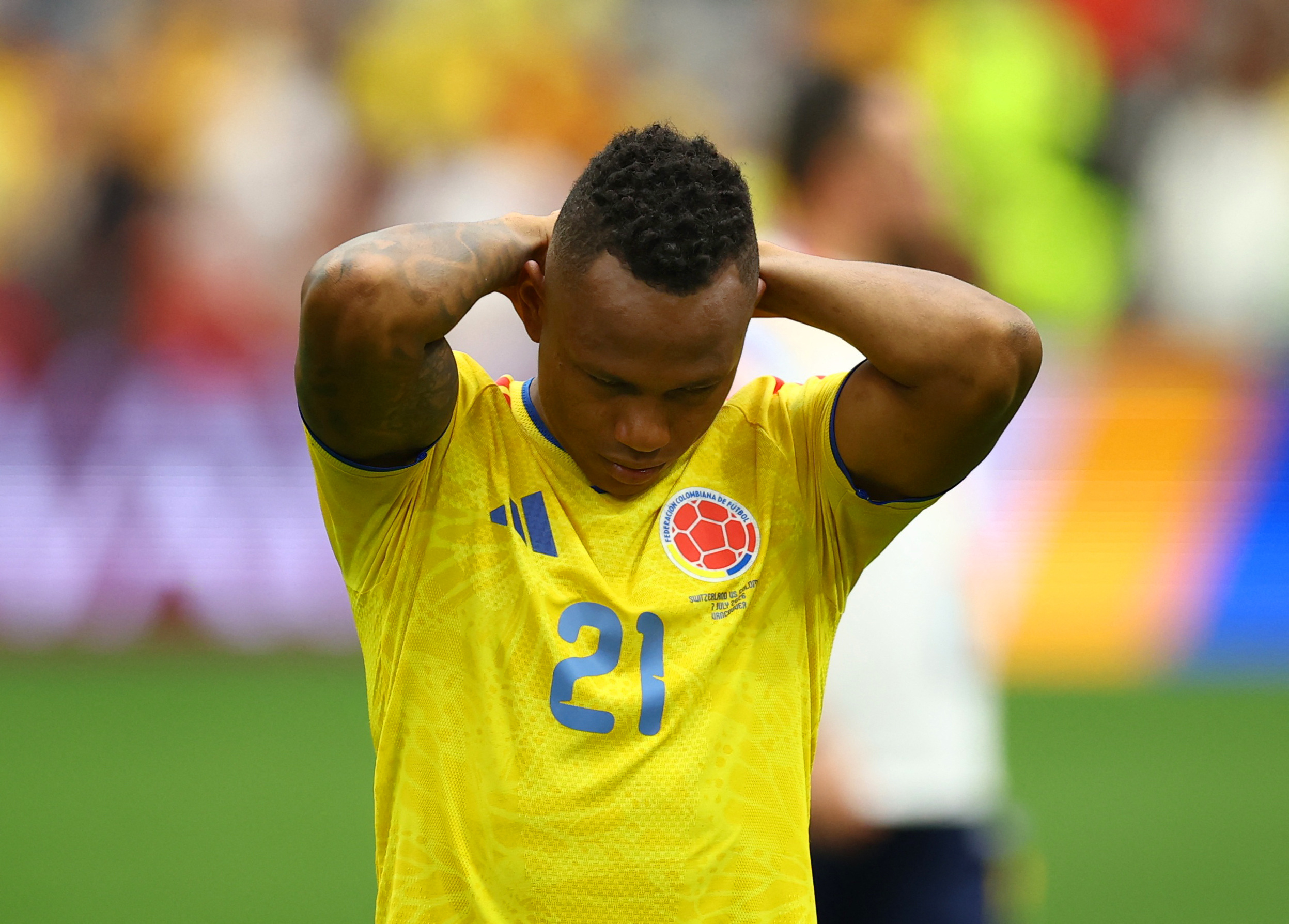 Soccer Football - FIFA World Cup 2026 - Round of 16 - Switzerland v Colombia - BC Place, Vancouver, Canada - July 7, 2026 Colombia's Jaminton Campaz looks dejected after the match as Colombia are eliminated from the World Cup REUTERS/Albert Gea