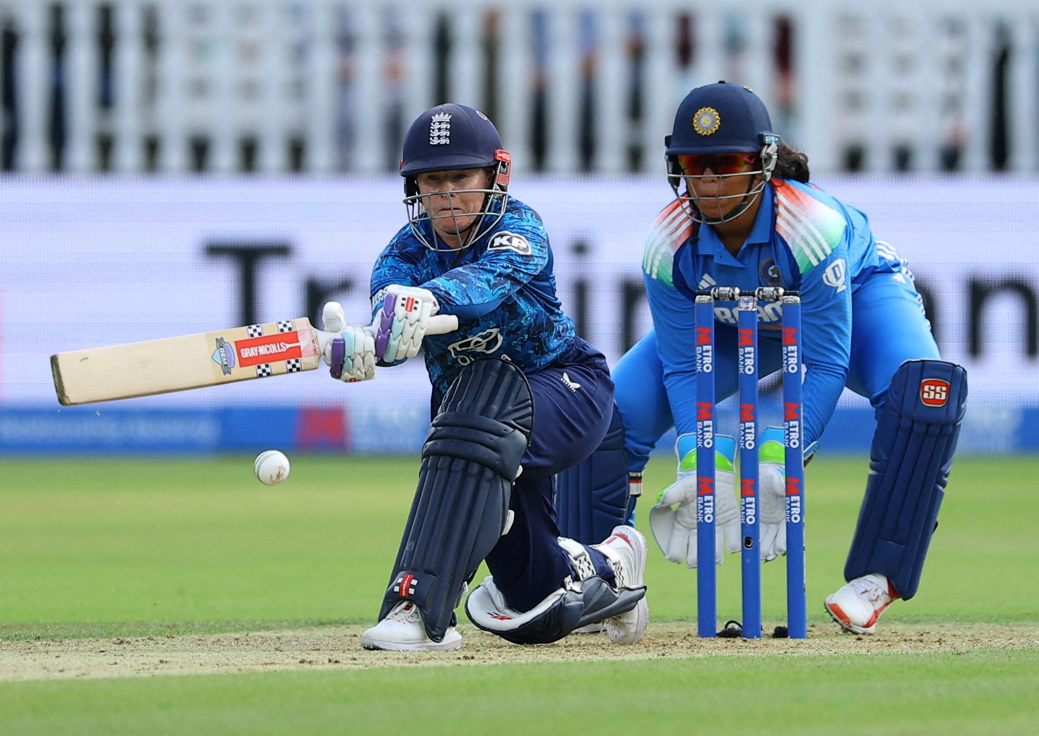 FILE PHOTO: Cricket - Second Women's One Day International - England v India - Lord's Cricket Ground, London, Britain - July 19, 2025 England's Tammy Beaumont hits a four Action Images via Reuters/Andrew Boyers/File Photo