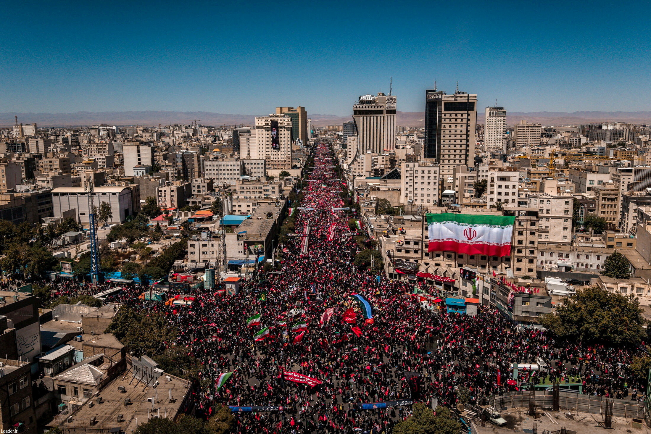 Mourners gather on the day of the burial of Iran’s late Supreme Leader Ayatollah Ali Khamenei, who was killed on February 28 in Israeli and U.S. airstrikes, in Mashhad, Iran, July 9, 2026