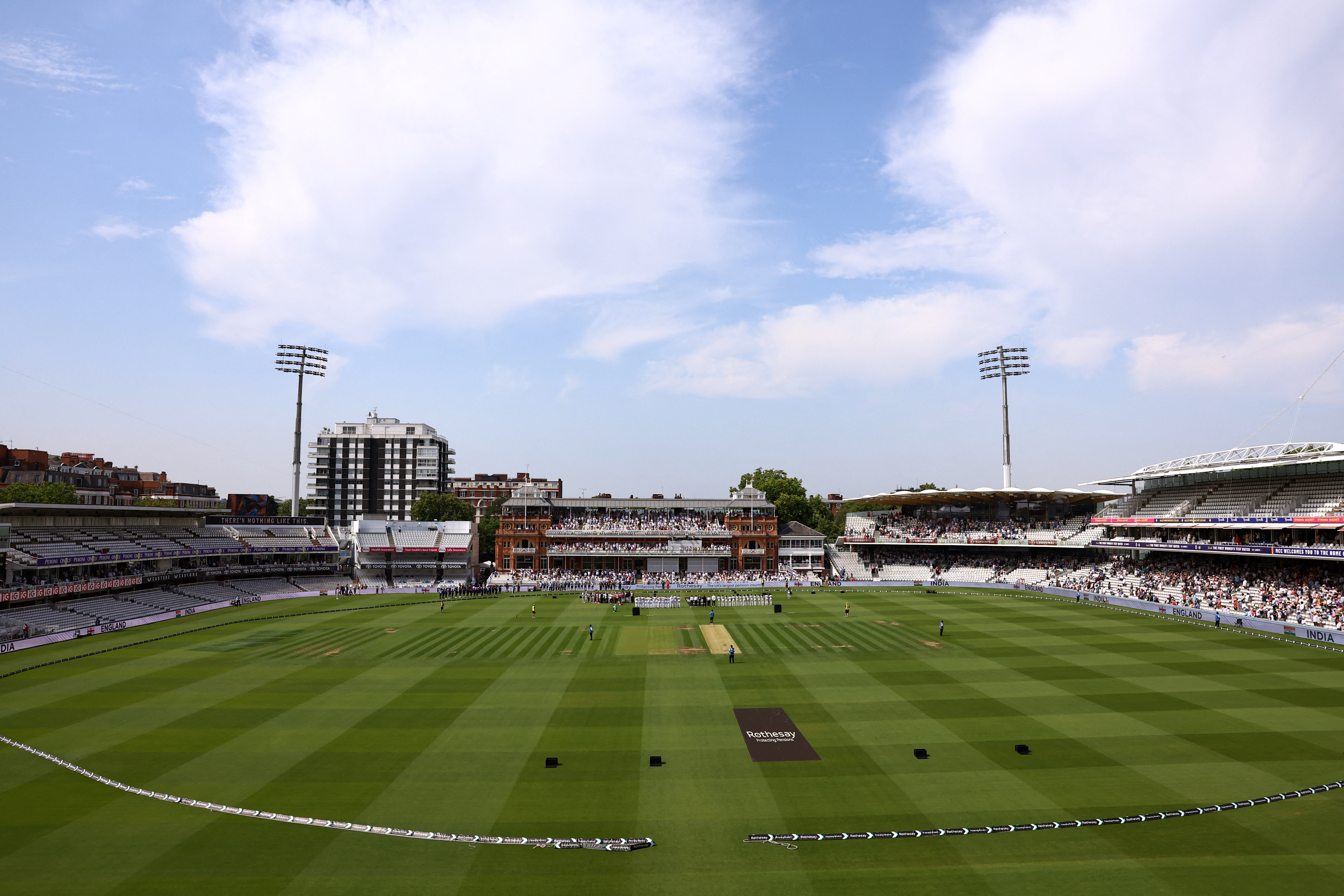 Cricket - Women's Test Match - England v India - Lord's Cricket Ground, London, Britain - July 10, 2026 General view inside the stadium as players line up before the match Action Images via Reuters/Peter Cziborra
