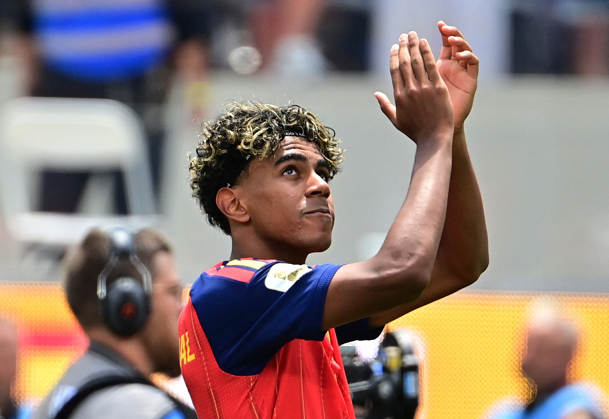 Spain’s Lamine Yamal celebrates after the match as Spain qualify for the semifinals