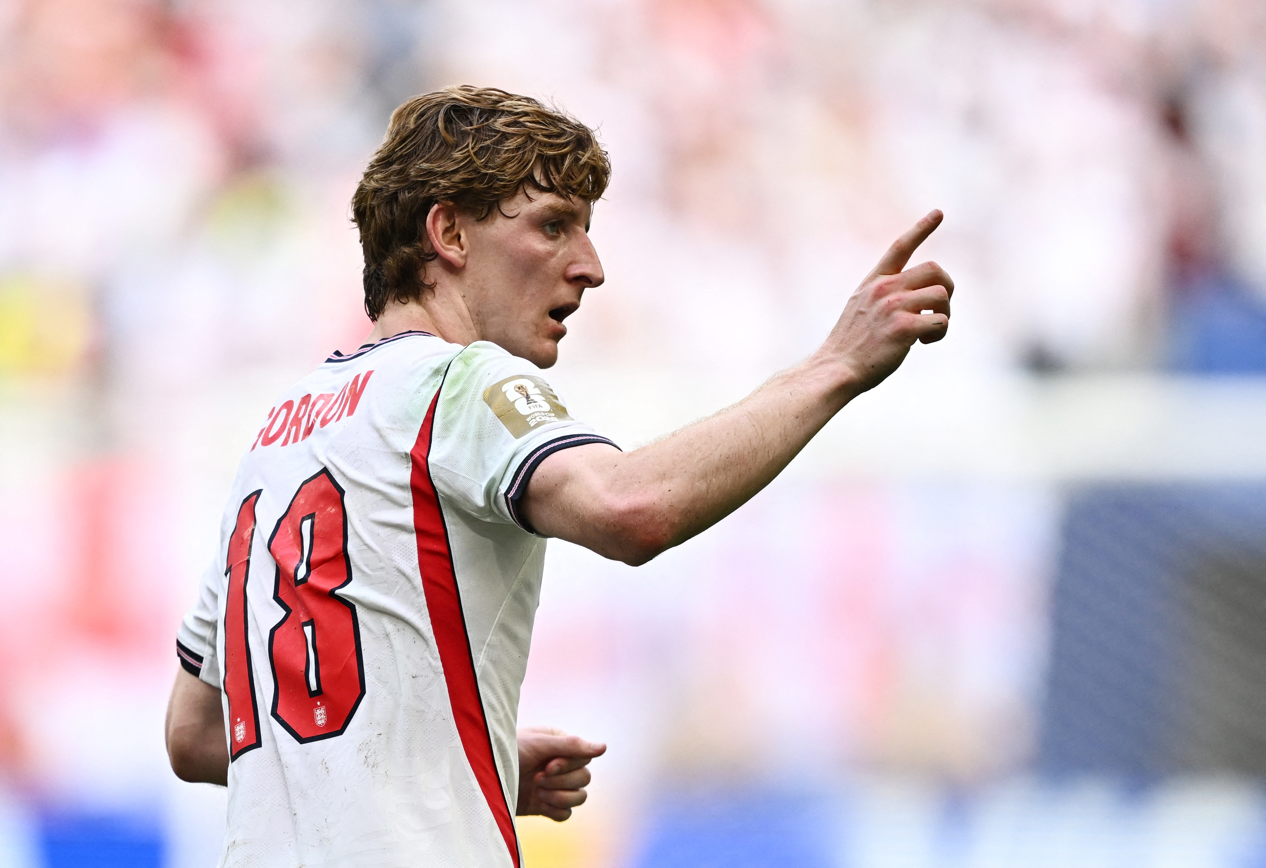 England’s Anthony Gordon celebrates their first goal against Norway